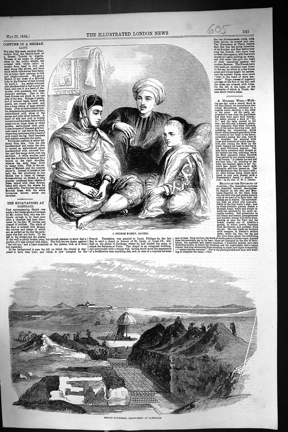 Old Print 1858 Medah Family Algiers Mosaic Pavement Carthage Archaeology 19th