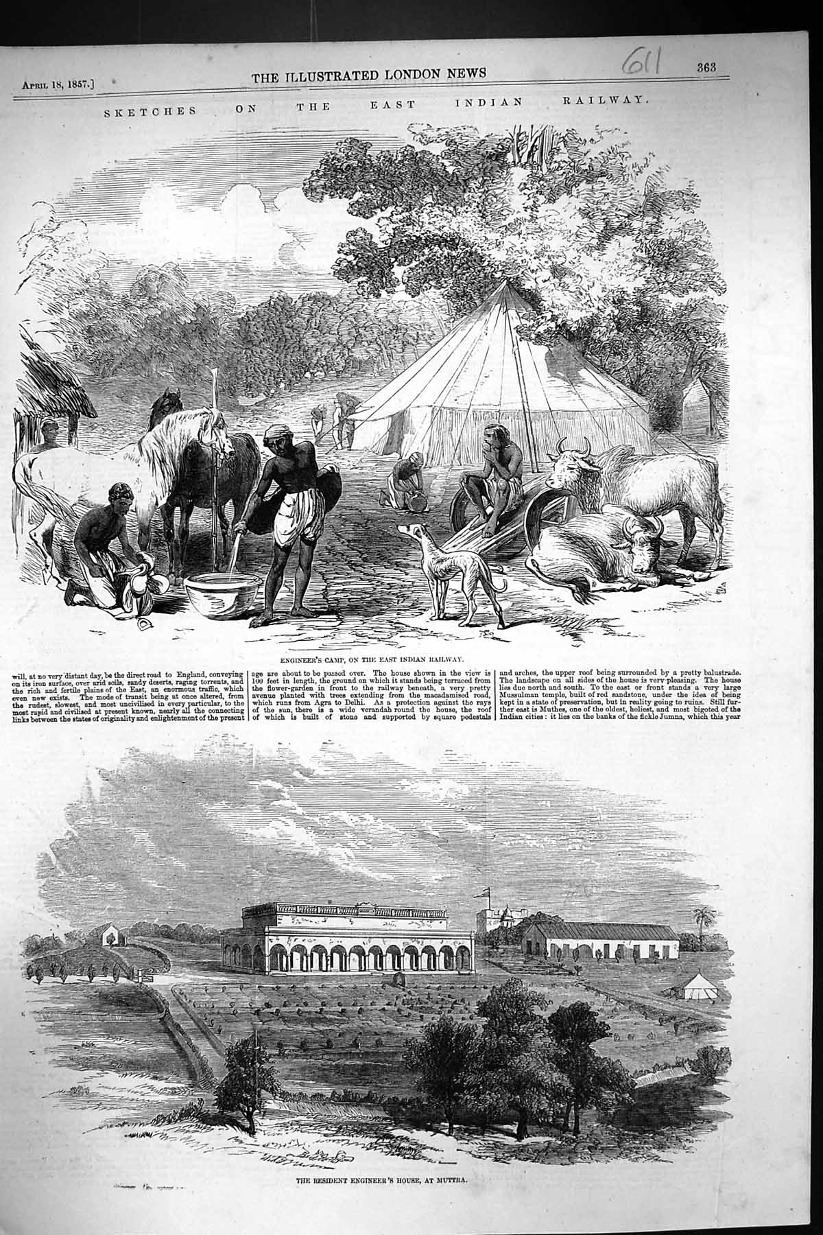 Original Old Antique Print 1857 East Indian Railway Engineers Camp House Muttra