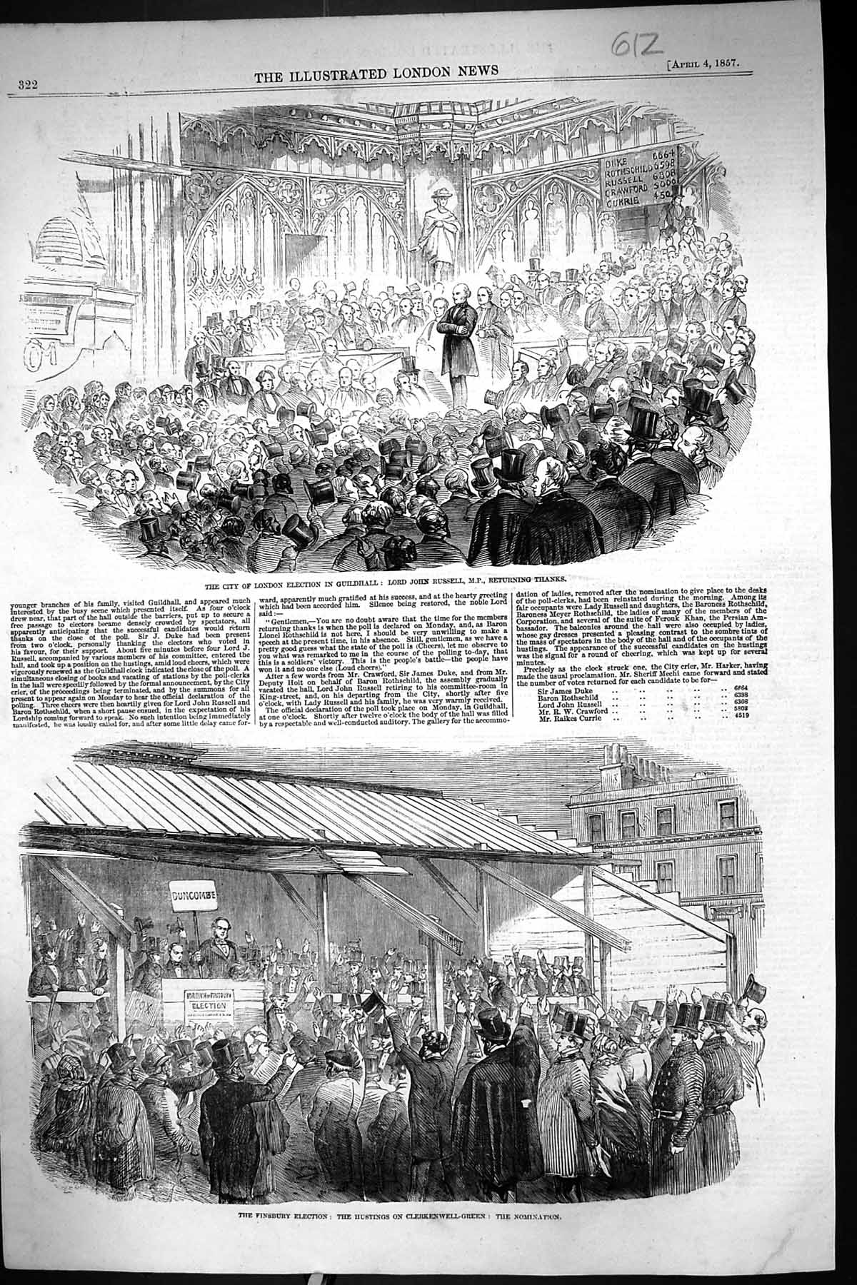 Old 1857 City London Election Guildhall Lord John Russell Finsbury Cl Victorian