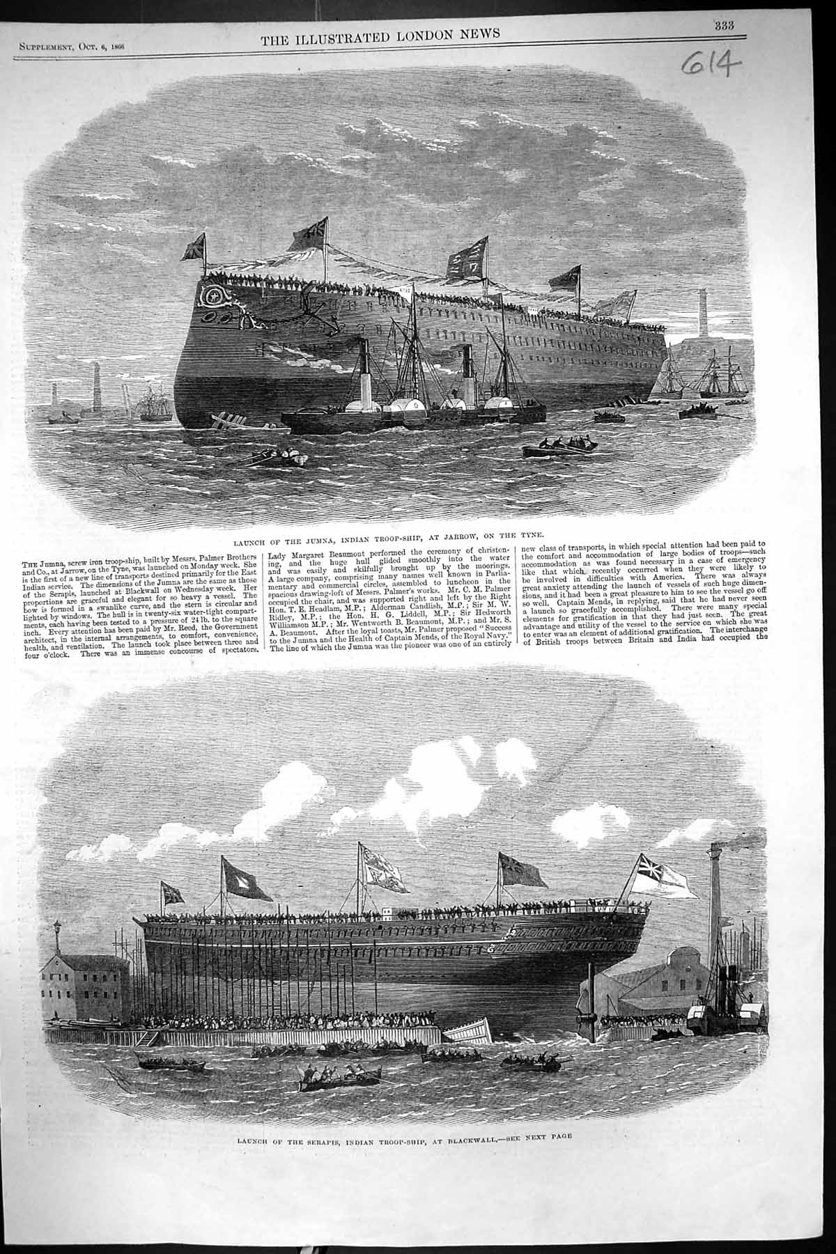 Antique Print 1866 Launch Ship Jumna Indian Troops Jarrow Serapis Blackwall