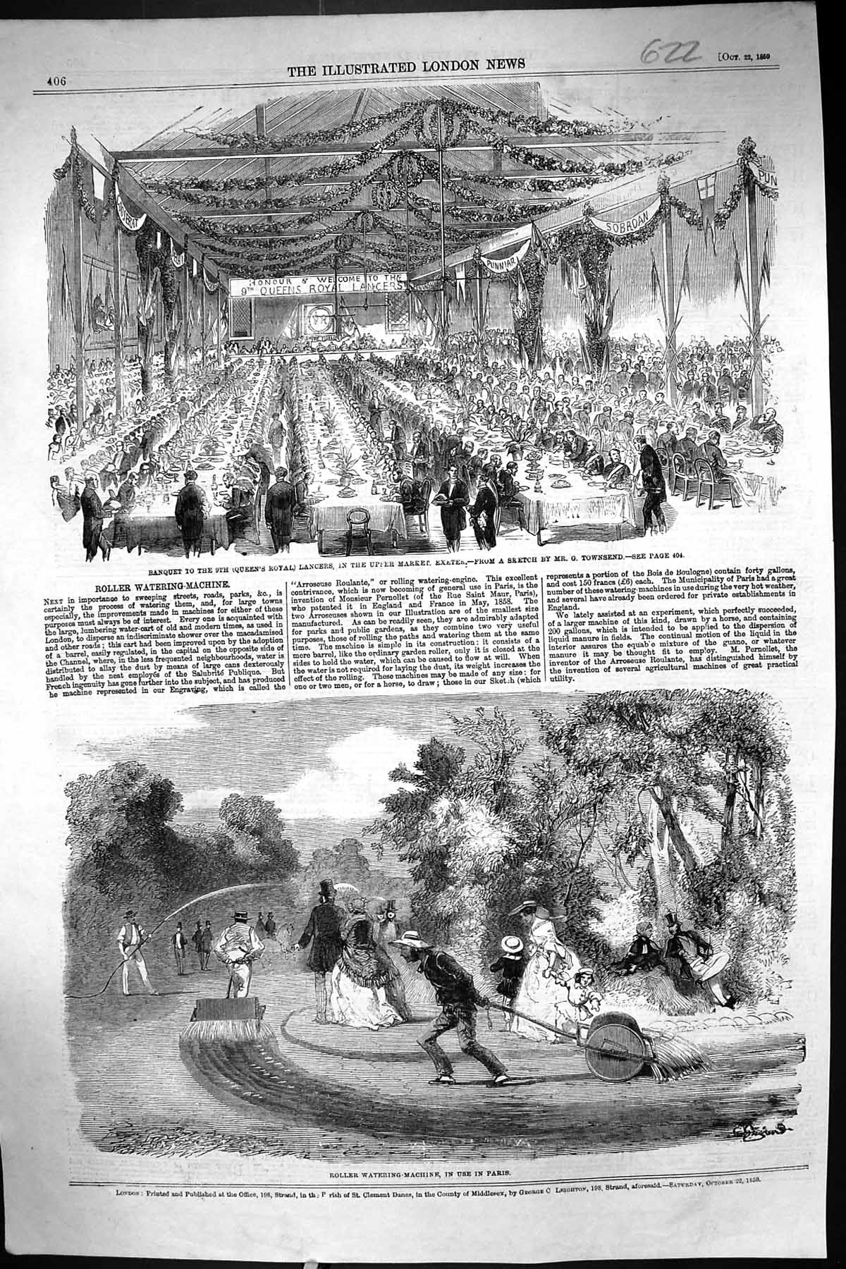 Old Print 1859 Roller Watering Machine Paris Banquet Queen Lancers Siers 19th