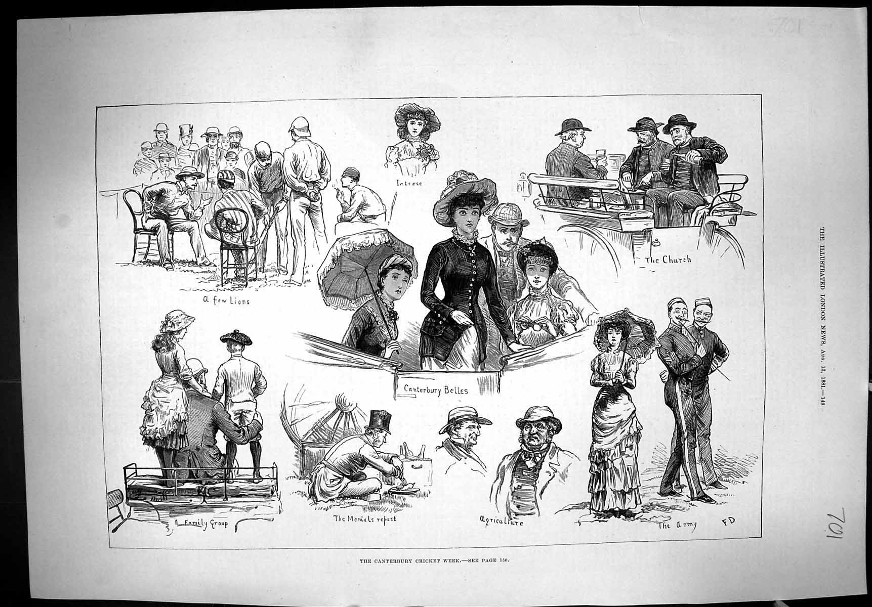 Antique Print 1881 Canterbury Cricket Week Sport Team Army Beautiful Ladies