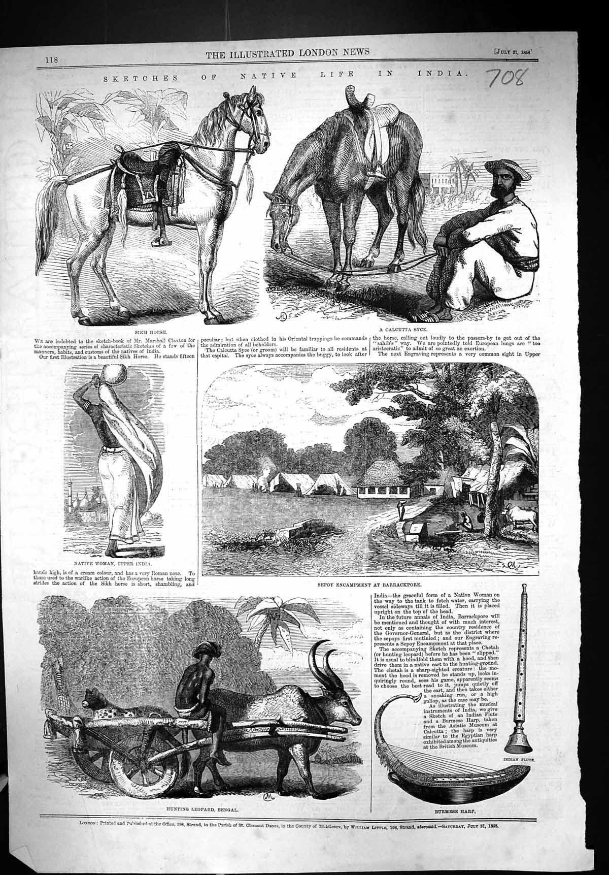 Old 1858 Native Life India Leopard Hunting Bengal Sepoy Calcutta Syce Victorian