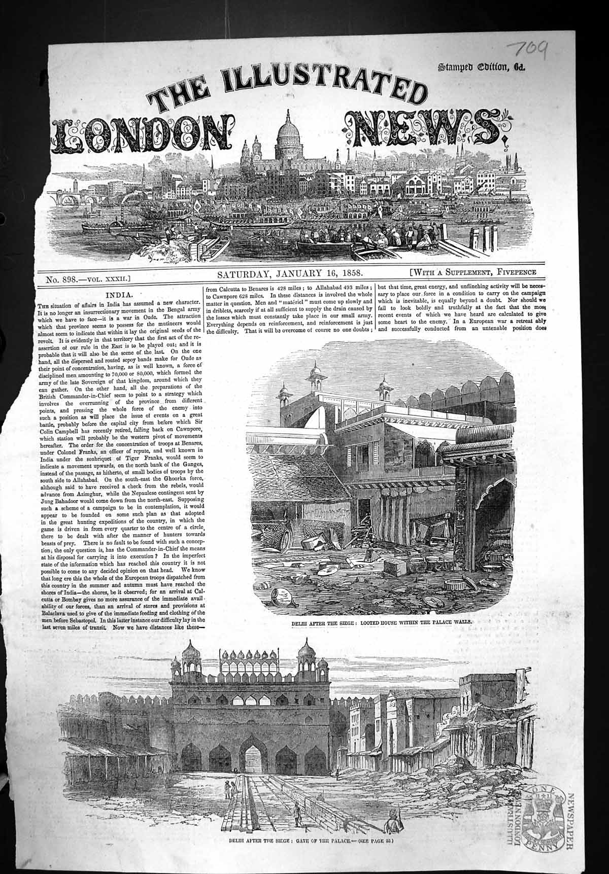 Original Old Antique Print 1858 Delhi Looted House Palace Siege India Victorian