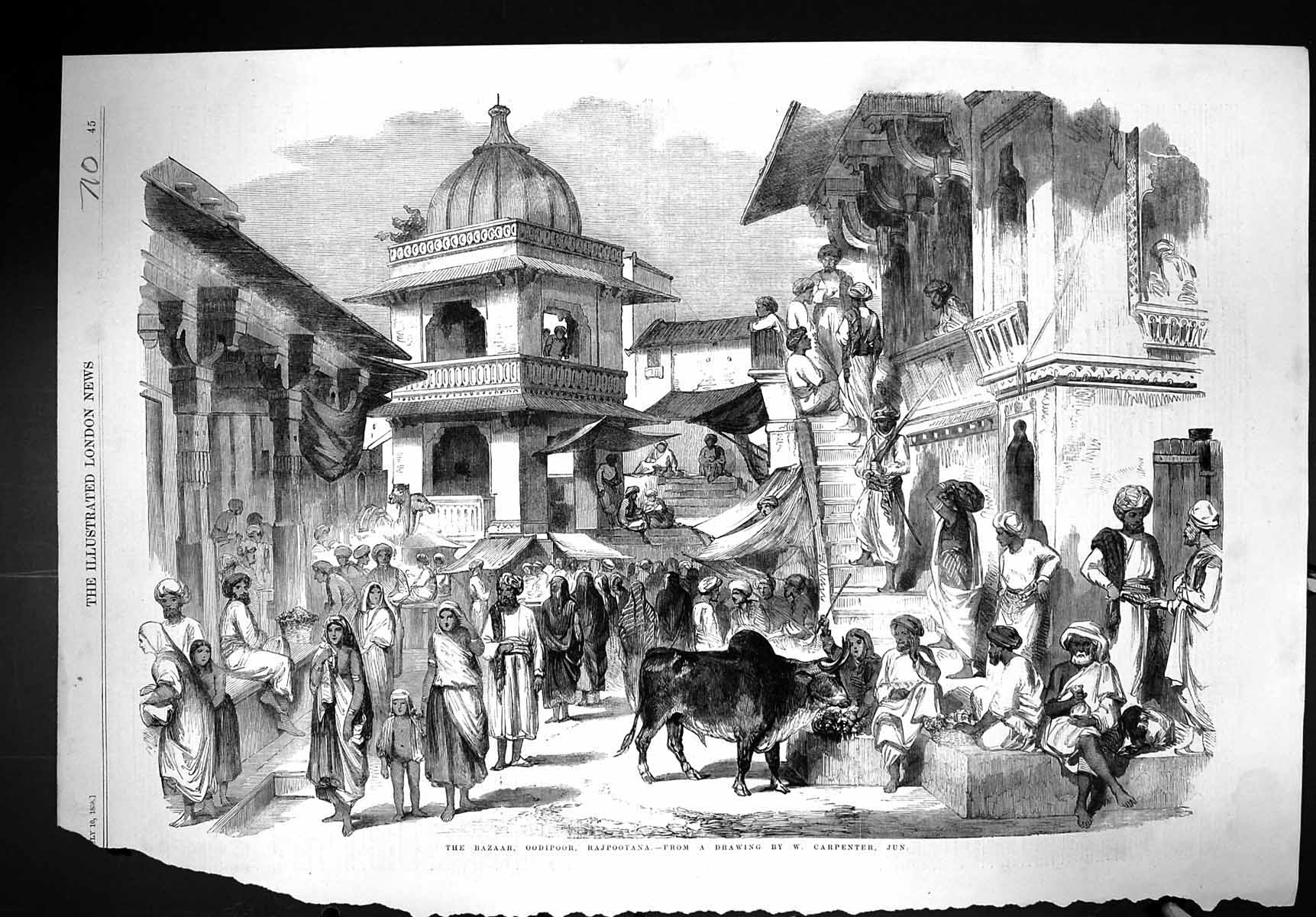 Antique Old Print 1858 Scene Bazaar Oodipoor Rajpootana Indian People Animals