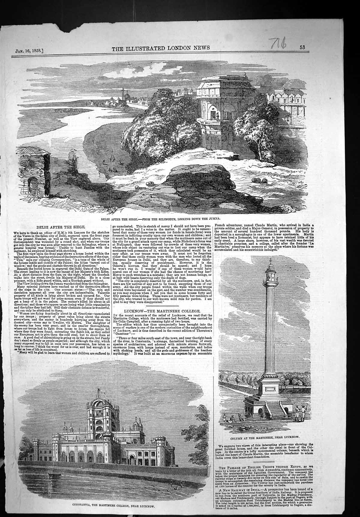 Old 1858 Delhi India Siege Selimghur Jumna Constantia Martinere Colle Victorian