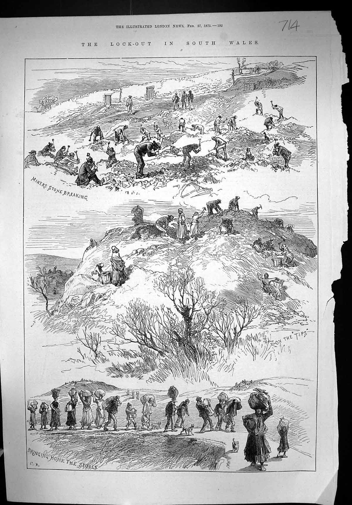 Original Old Antique Print 1875 Lock-Out Wales Coal Miners Stone Breaking 19th