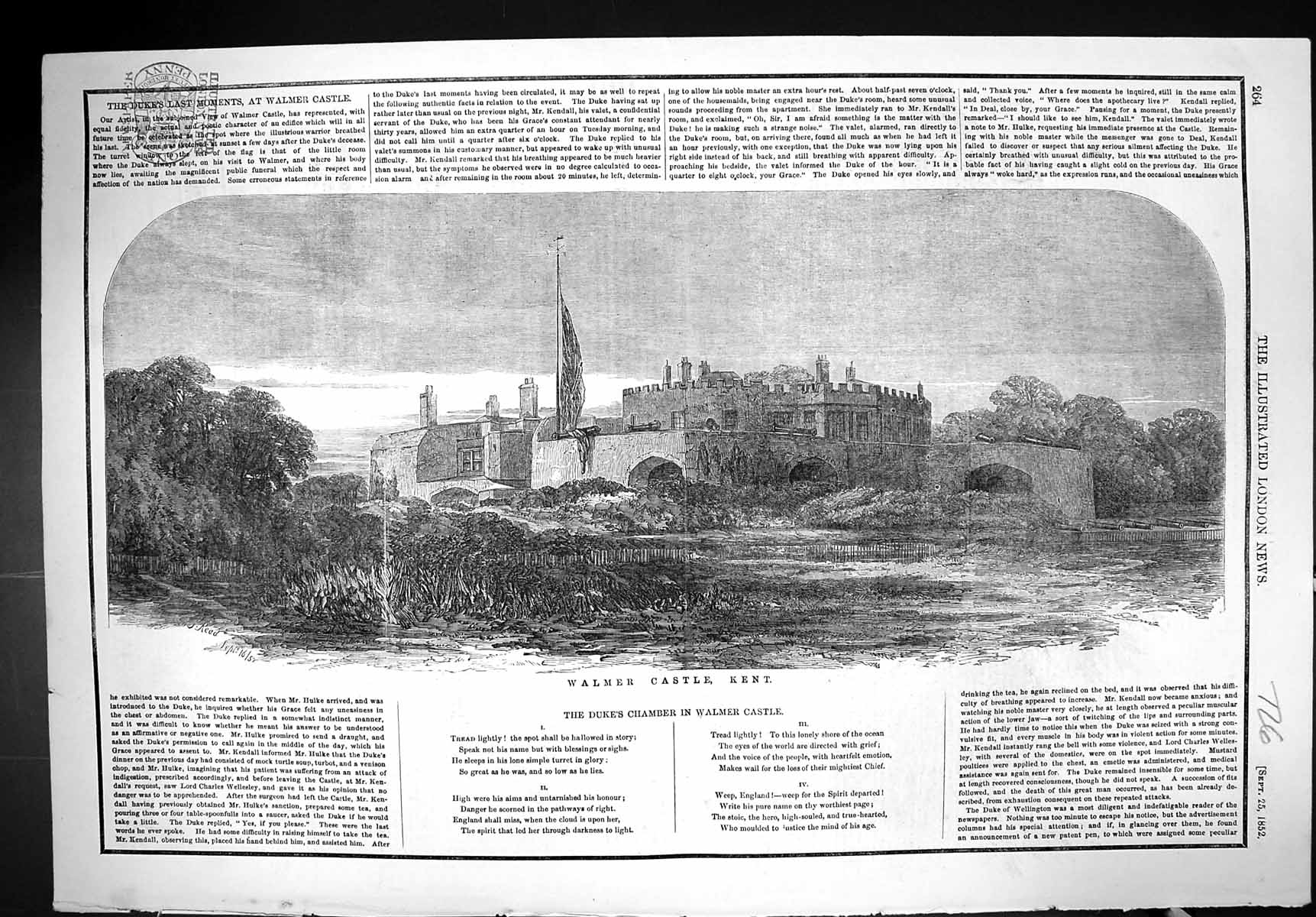Antique Print 1852 Duke Wellington Walmer Castle Kent England Architecture 19th