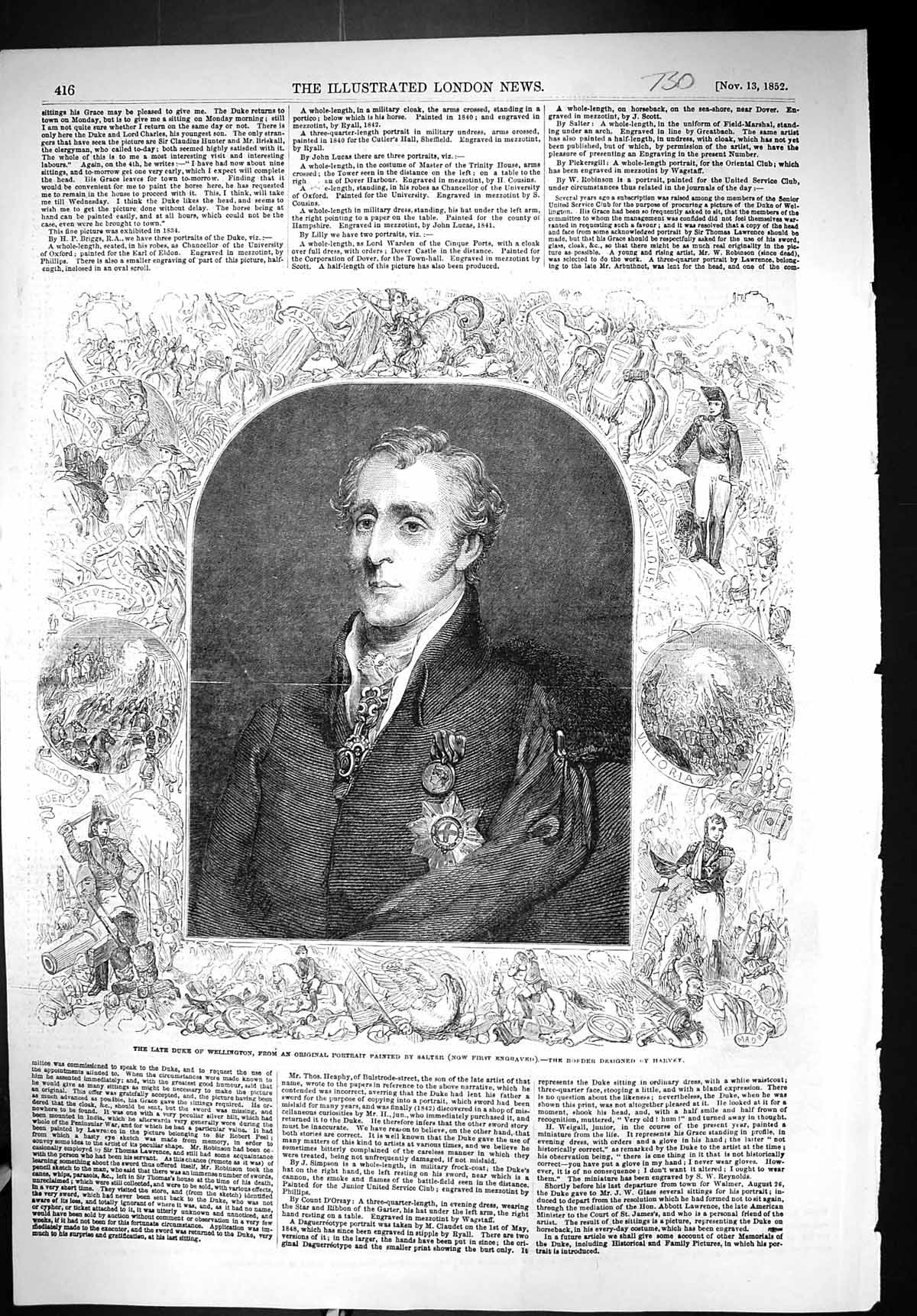 Original Old Antique Print 1852 Portrait Duke Wellington Salter Harvey Border