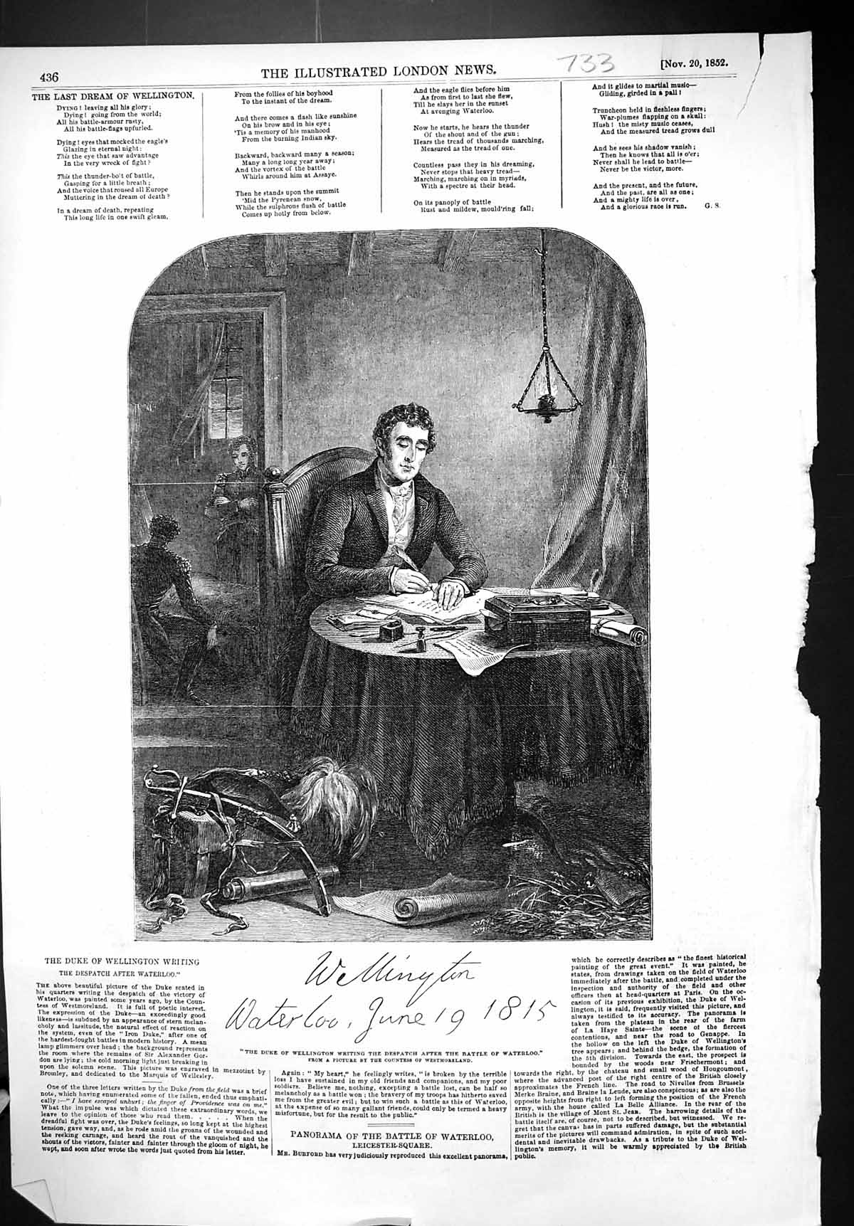 Old Antique Print 1852 Duke Wellington Writing Despatch Battle Waterloo 19th