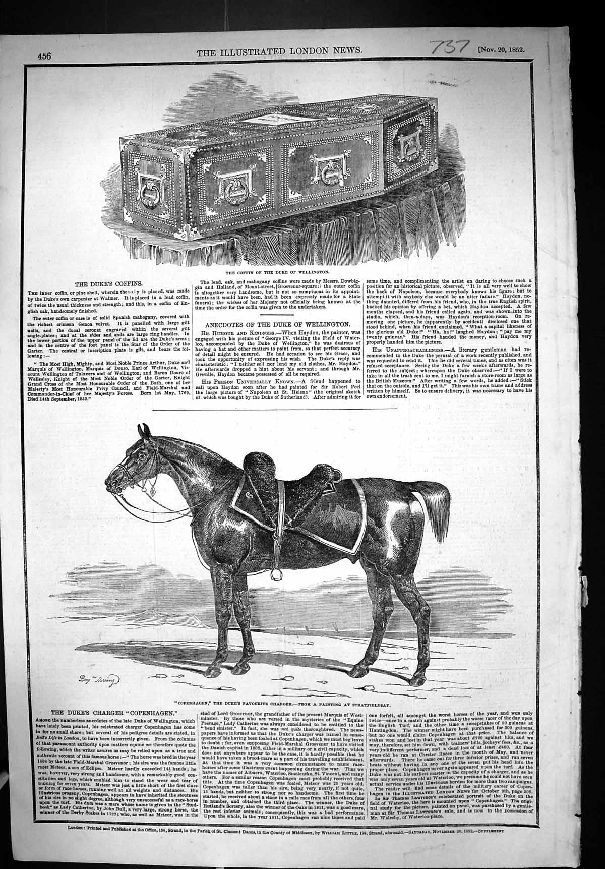 Original Old Antique Print 1852 Coffin Duke Wellington Copenhagen Charger Horse