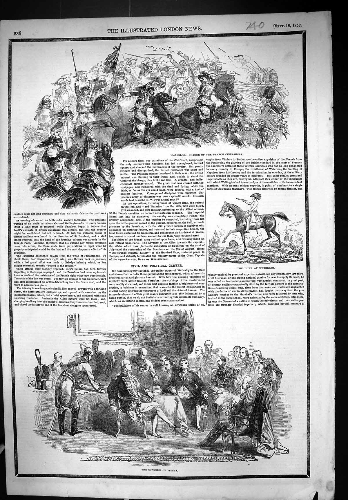 Old 1852 Battle Waterloo Charge French Cuirassiers Congress Vienna Du Victorian
