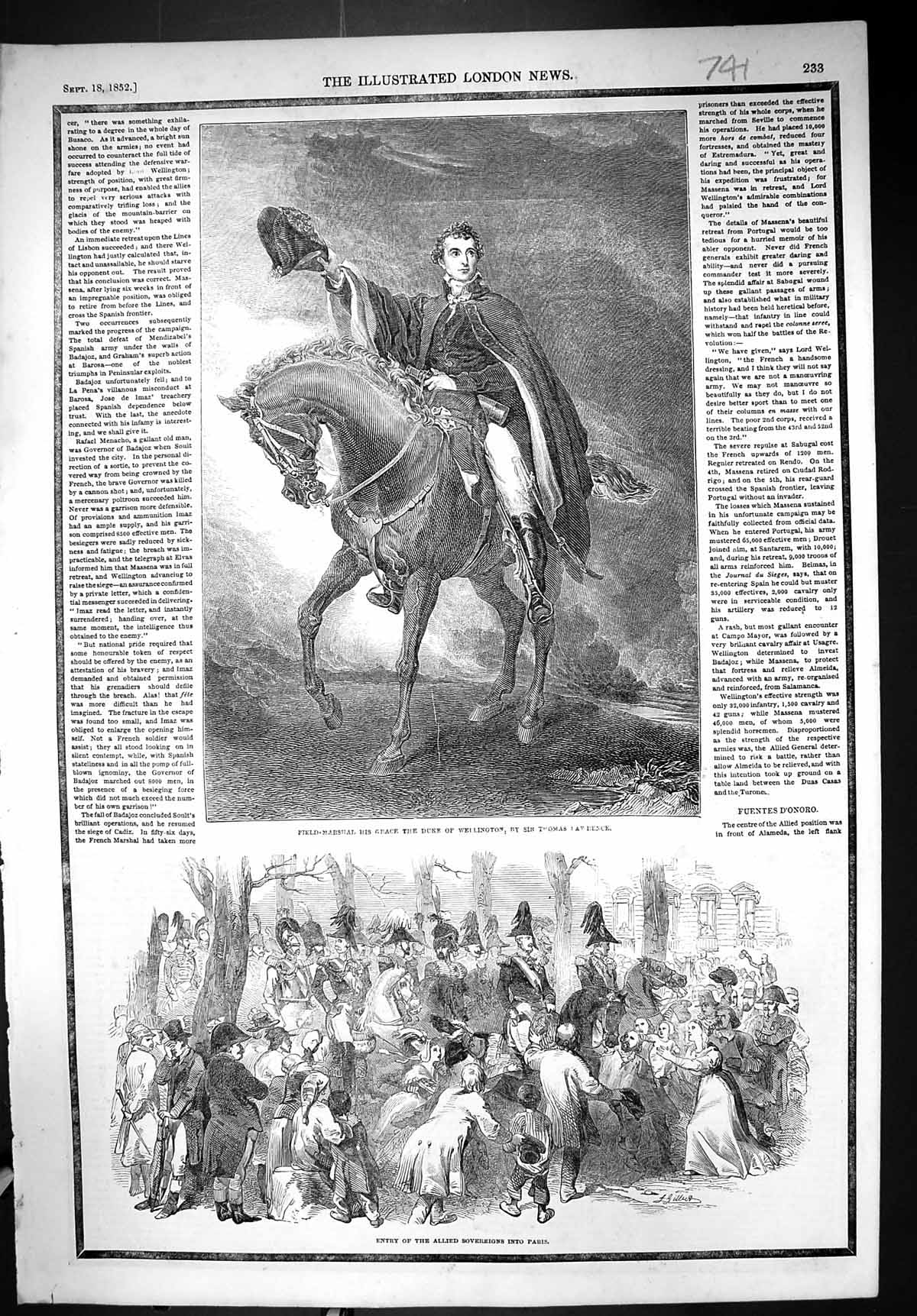 Old 1852 Field-Marshall Duke Wellington Scene Entry Allied Sovereigns Victorian