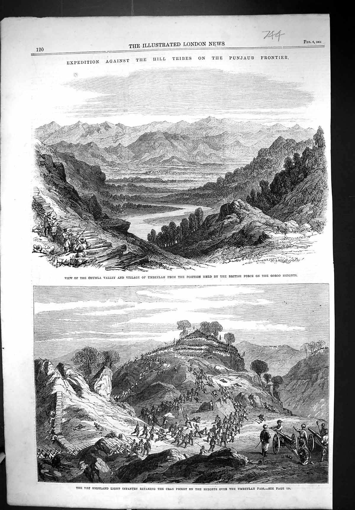 Old 1864 View Chumla Valley Village Umbeylah Goroo Highland Army Crag Victorian