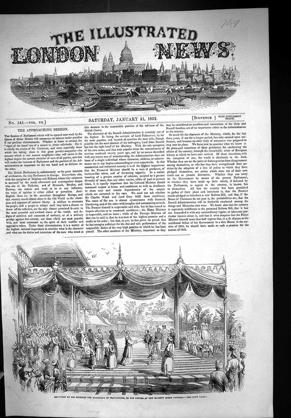 Old 1852 Reception Highness Maharajah Travancore Letter Queen Victori Victorian