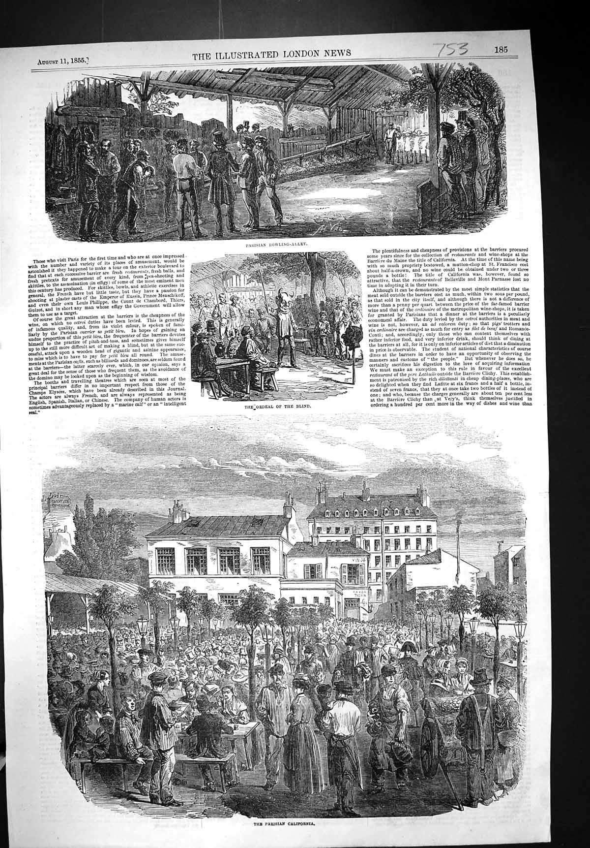 Original Old Antique Print 1855 Parisian Bowling Alley California America 19th