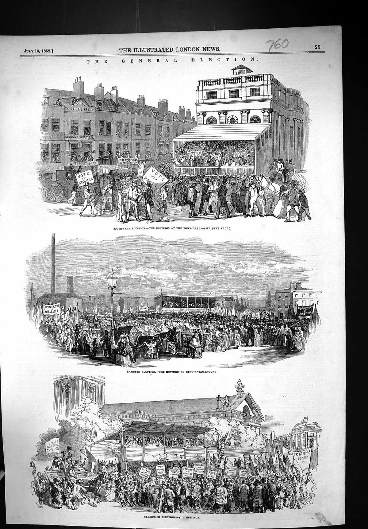 Old 1852 General Election Southwark Lambeth Greenwich Hustings Kennin Victorian