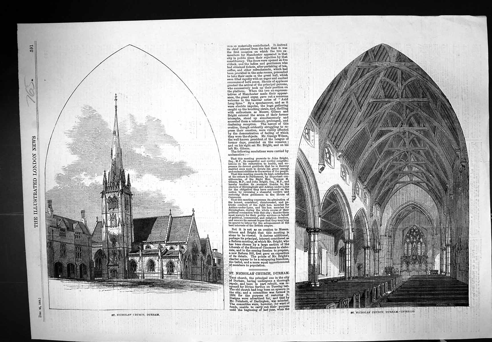 Old Print 1858 St. Nicholas Church Durham Interior Exterior Architecture 19th