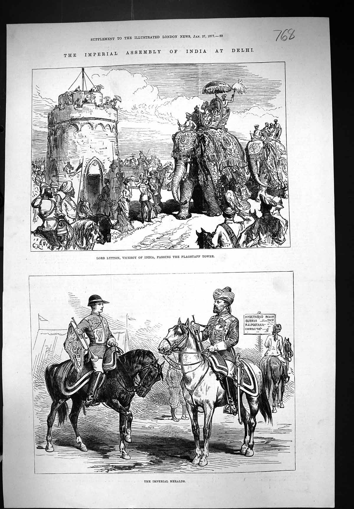 Old 1877 Lord Lytton Viceroy India Flagstaff Tower Imperial Heralds D Victorian