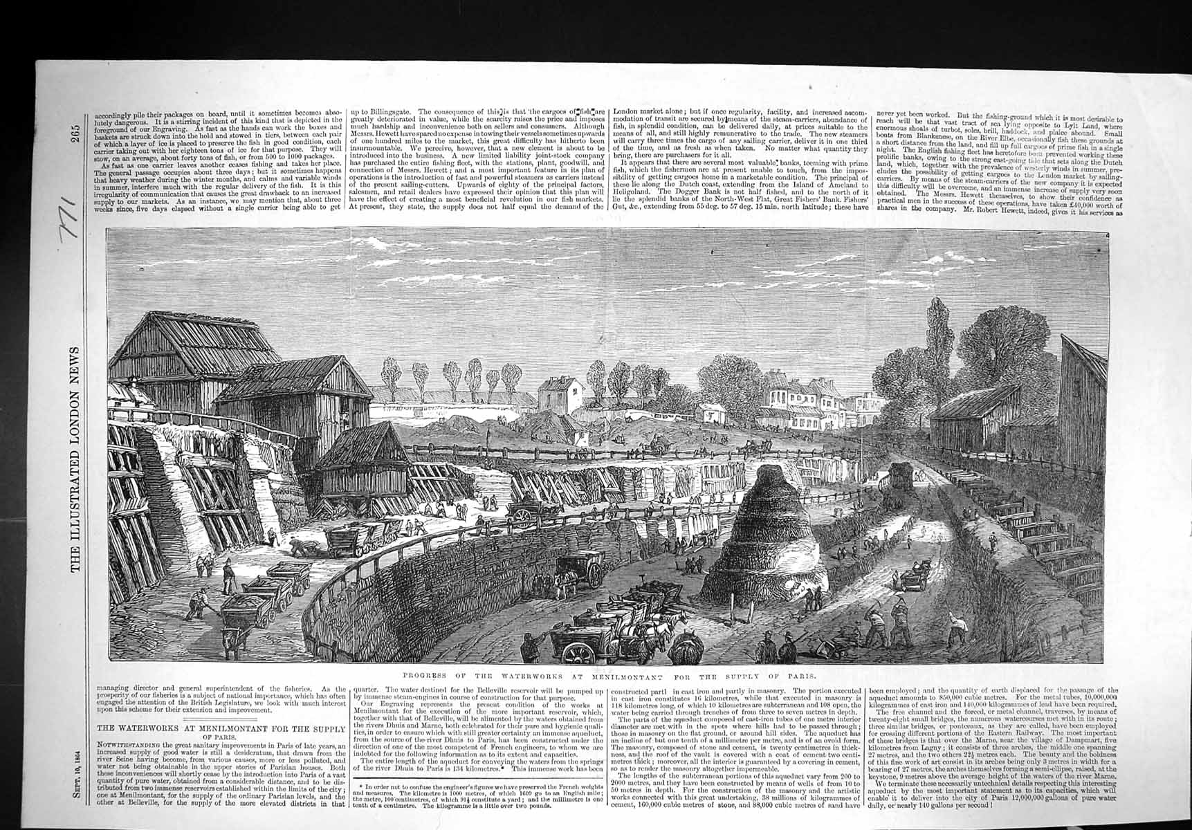 Antique Old Print 1864 Progress Waterworks Menilmontant Supply Paris France