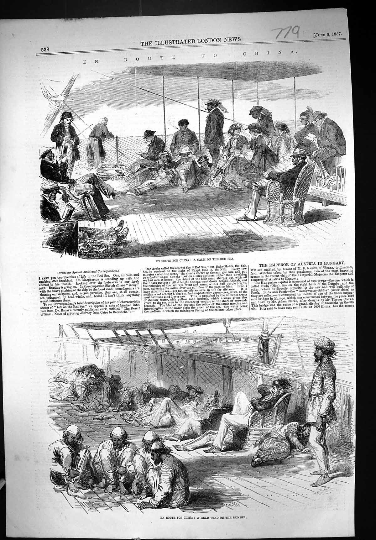 Original Old Antique Print 1857 Red Sea Passenger Ship En Route China Victorian