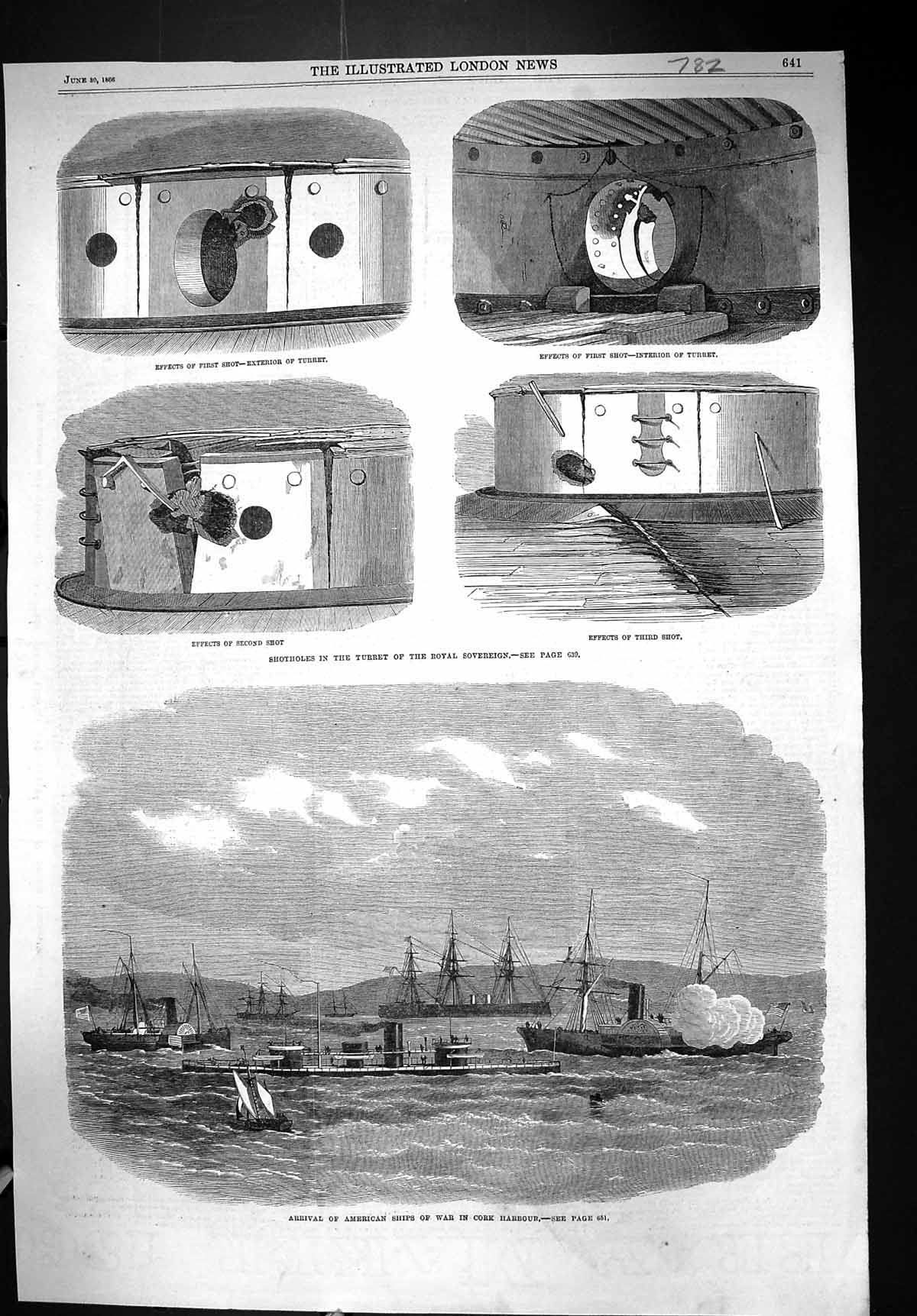 Old 1866 Arrival American Ships War Cork Harbour Shotholes Royal Sove Victorian