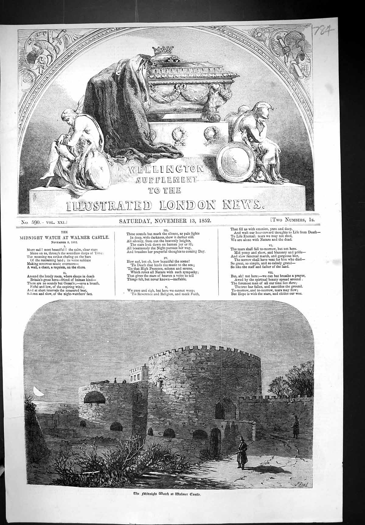 Old Print 1852 Midnight Watch Walmer Castle Architecture Moonlight Guards 19th
