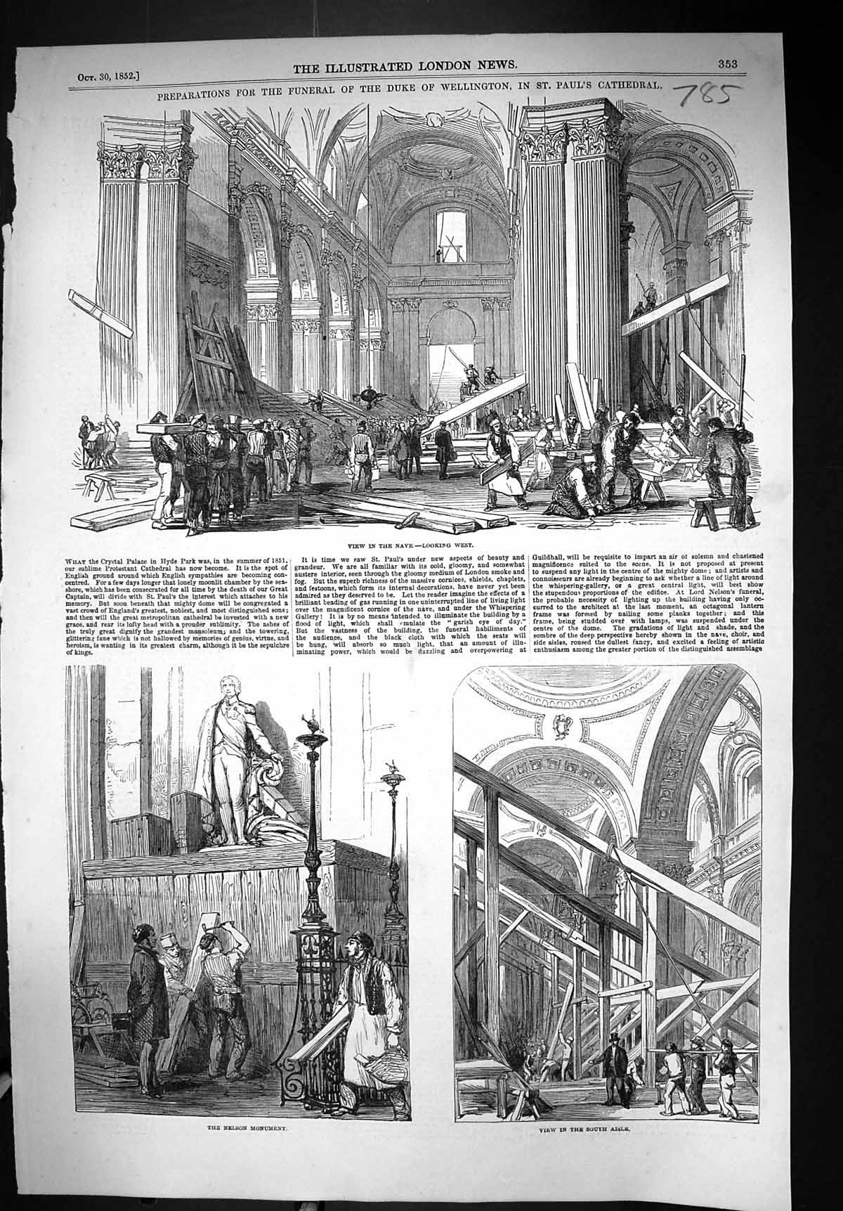 Old 1852 Funeral Duke Wellington St. Paul'S Cathedral Nave Nelson Mon Victorian