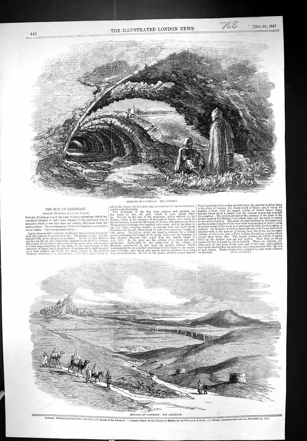 Antique Old Print 1857 Remains Carthage Cisterns Aqueduct Camels Archaeology