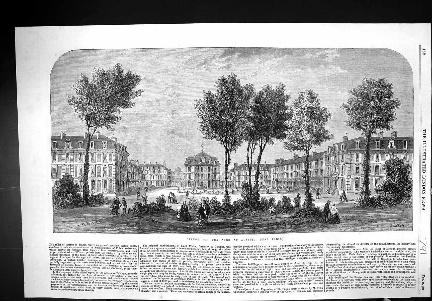 Antique Old Print 1864 Exterior Refuge Aged Auteuil Paris France Architecture