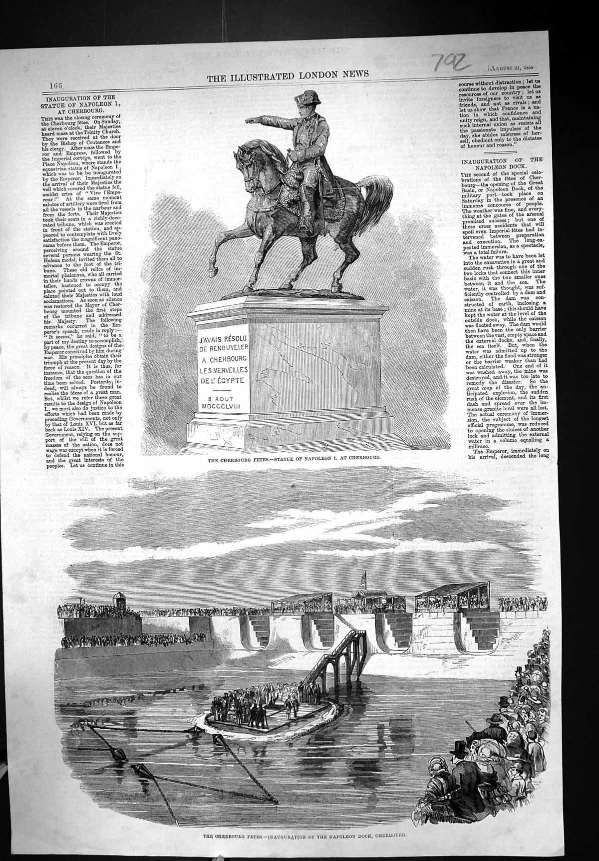 Old Antique Print 1858 Cherbourg Fetes Statue Napoleon Inauguration Dock 19th