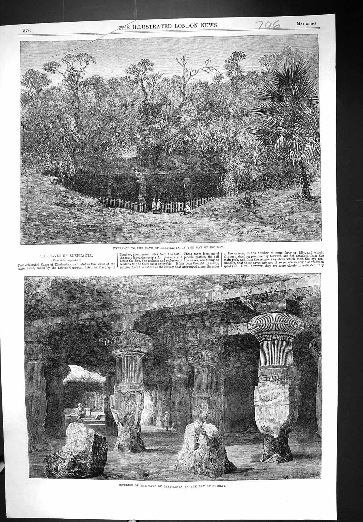 Old 1863 Entrance Cave Elephanta Bay Bombay Gara-Pori Architecture Ar Victorian