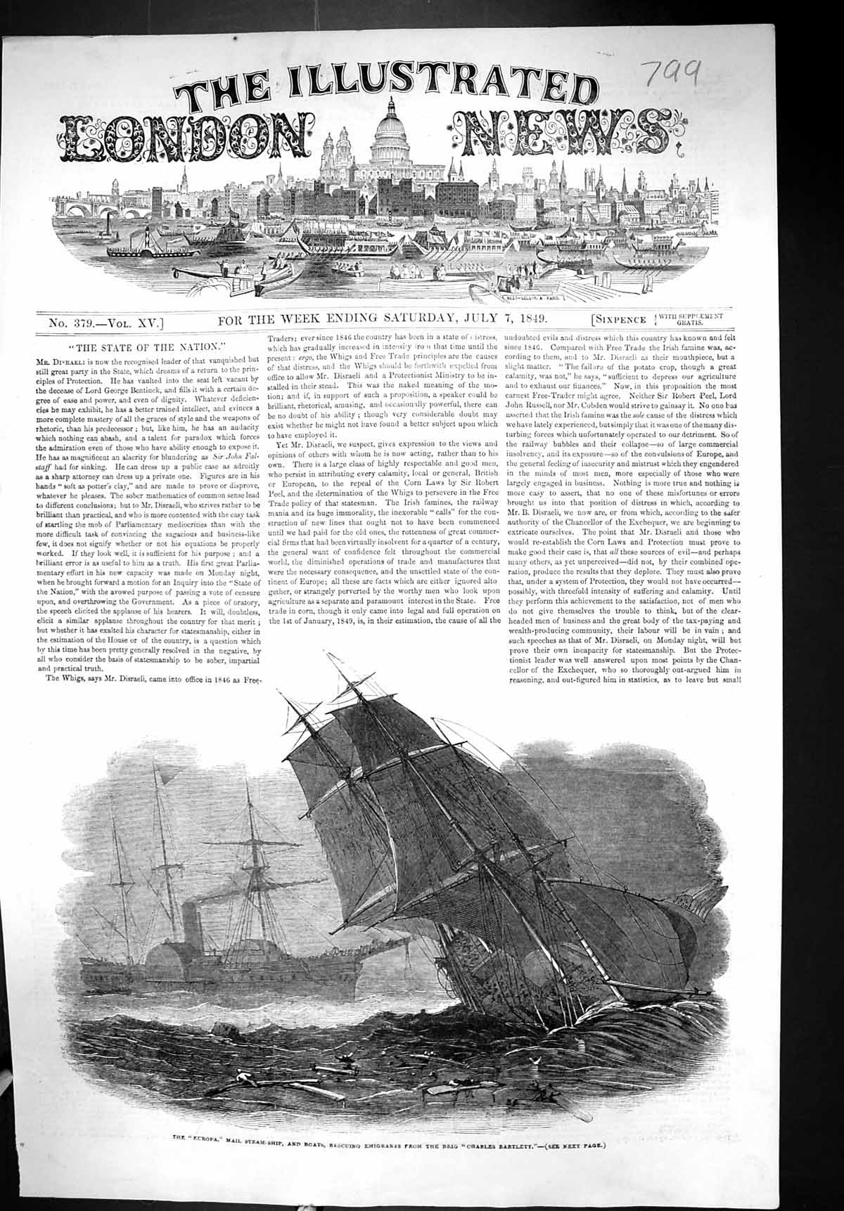 Old 1849 Europa Mail Steam Ship Boats Rescuing Emigrants Brig Charles Victorian