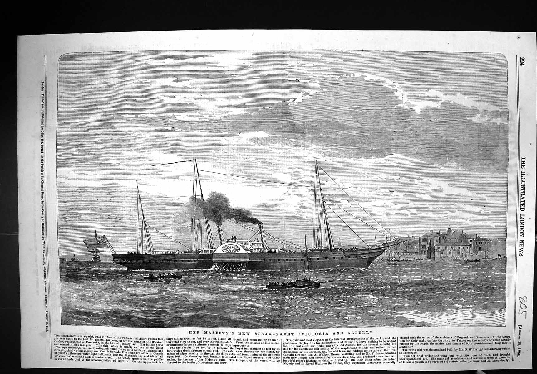 Original Old Antique Print 1855 Her Majesty Steam Yacht Ship Victoria Albert