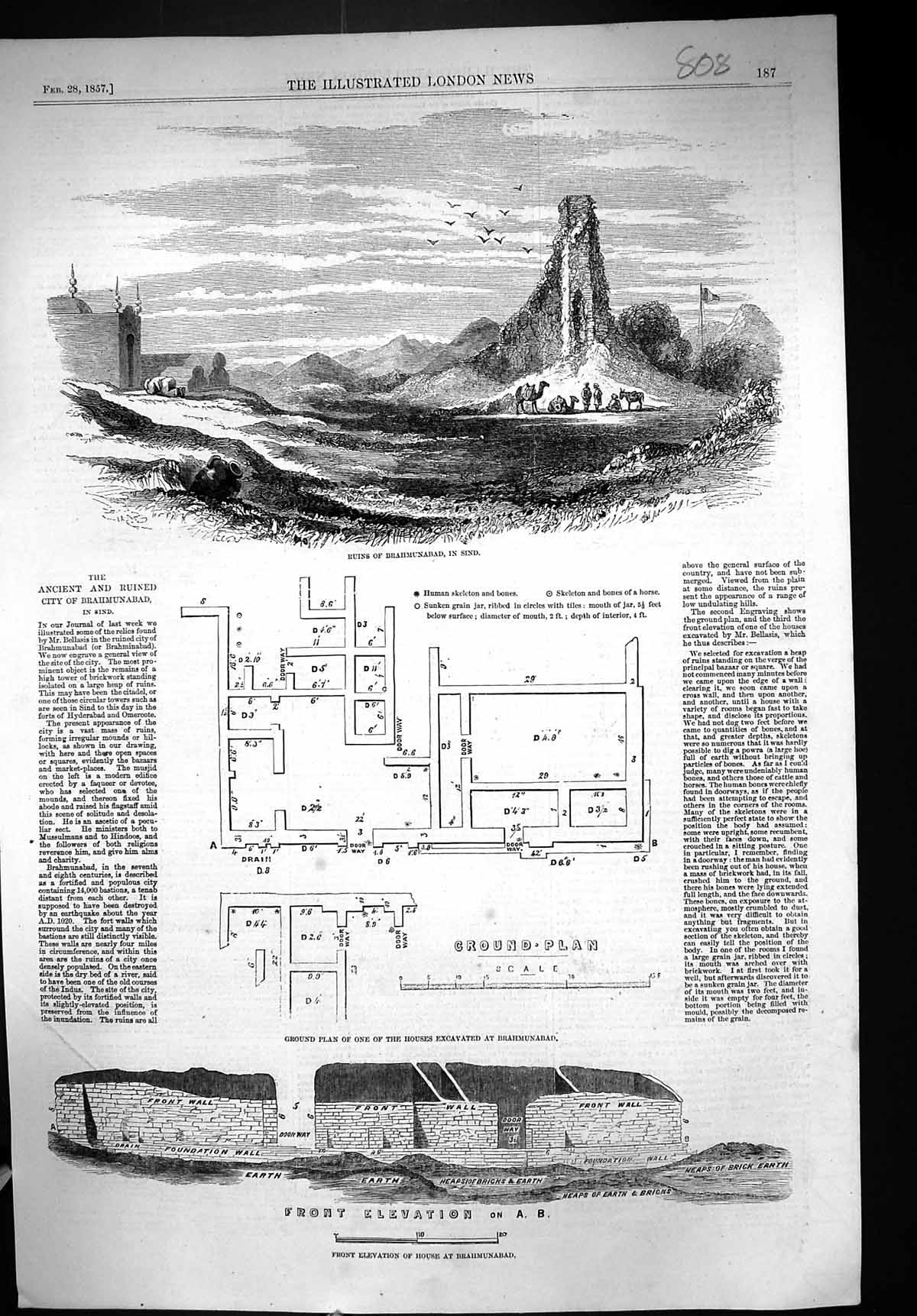 Original Old Antique Print 1857 Ruins Brahmunabad Sind Plan Houses Excavated