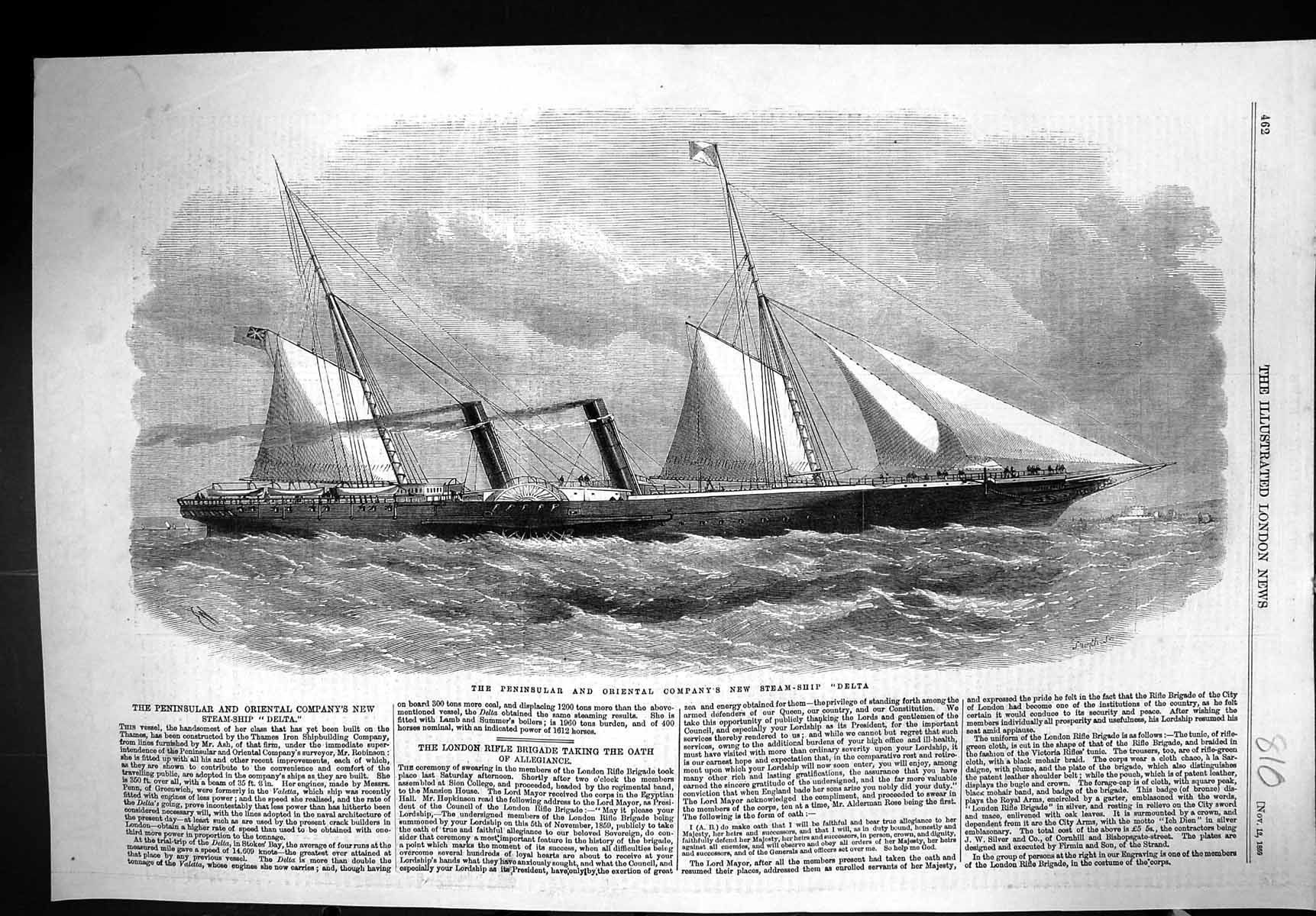 Old 1859 Peninsular Oriental Company Steam Ship Delta Thames Shipbuil Victorian