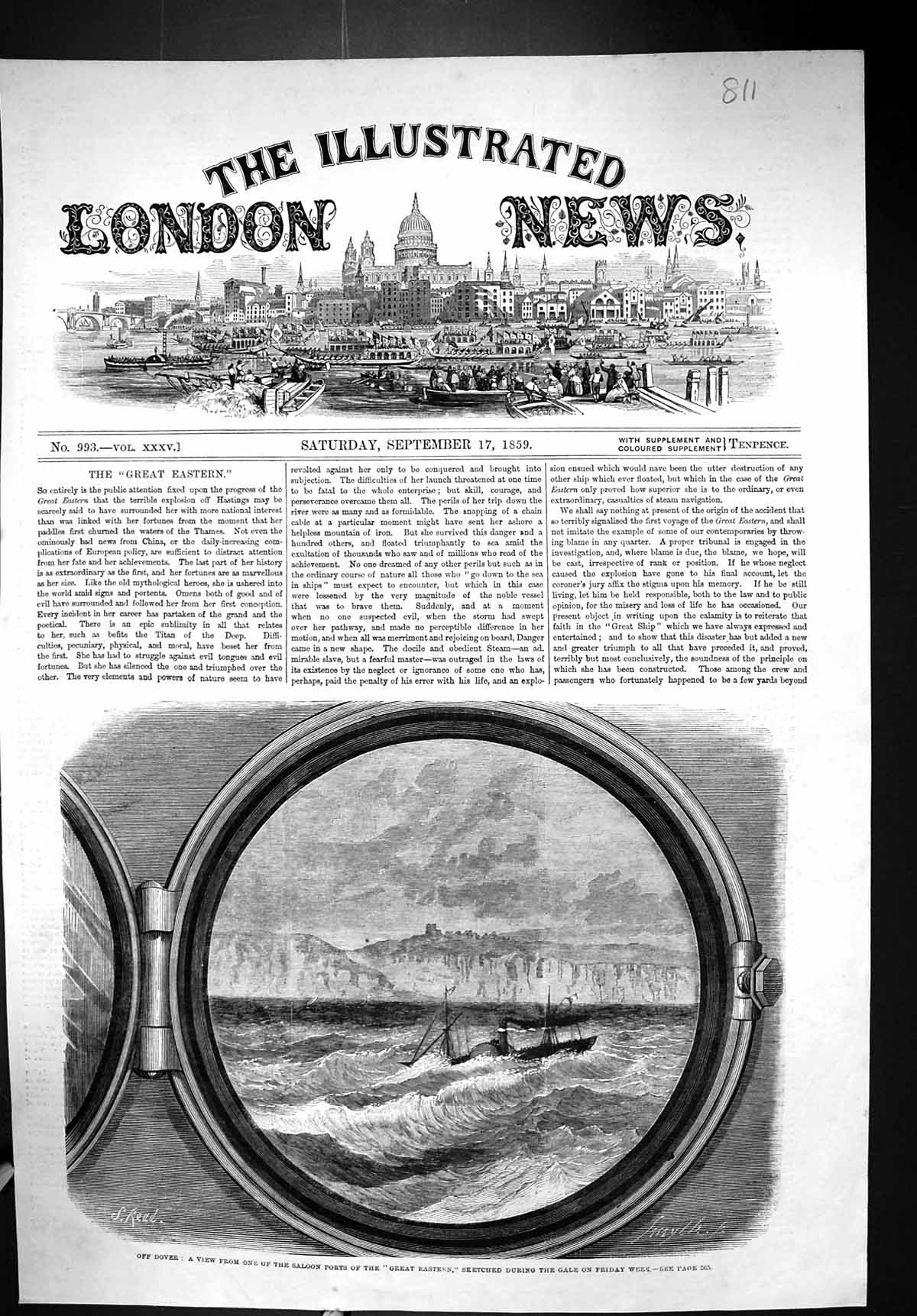 Old Antique Print 1859 Dover View Saloon Ports Great Eastern Ship England 19th