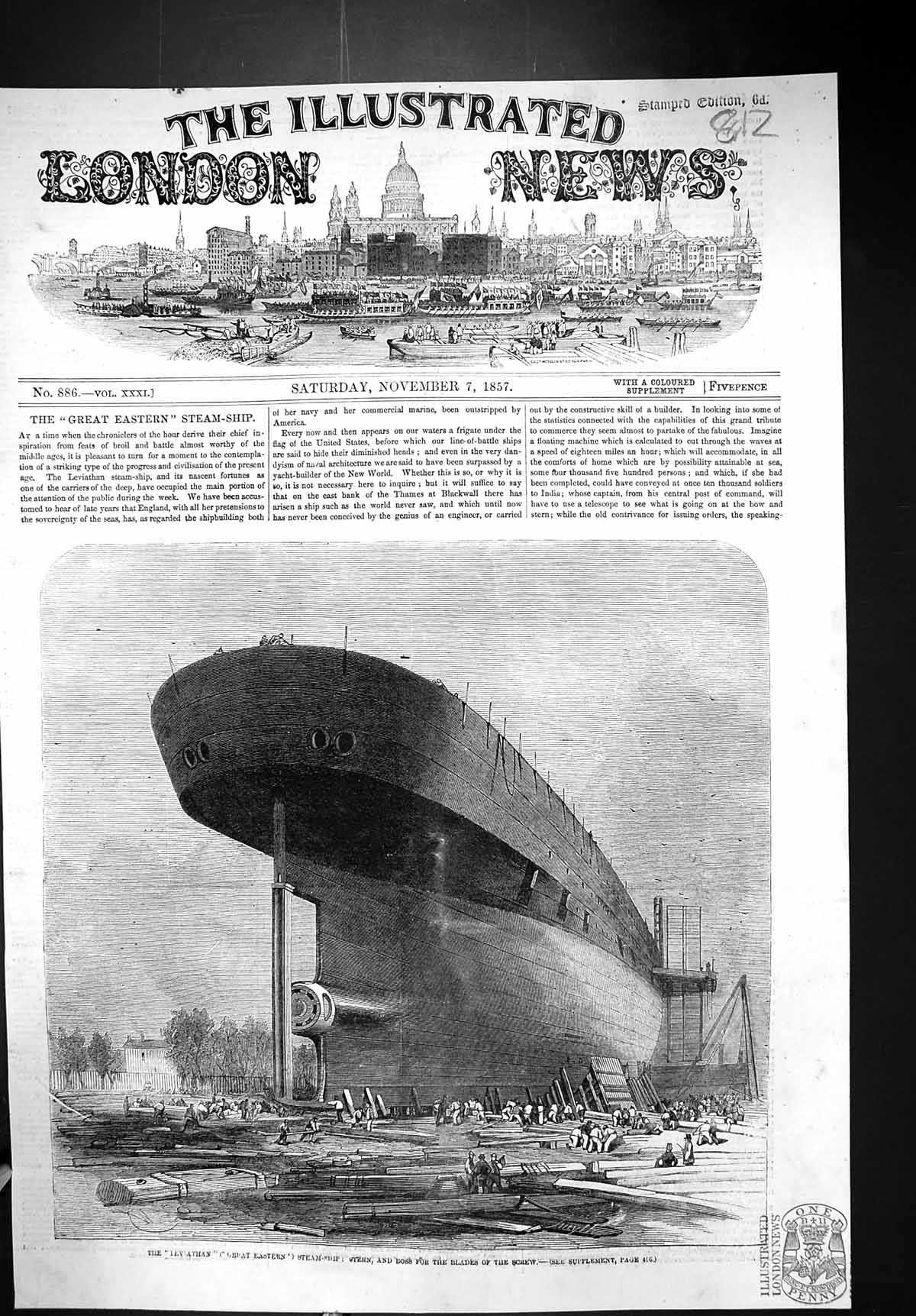 Old Print 1857 Great Eastern Steam Ship Leviathan Stern Boss Blades Screw 19th