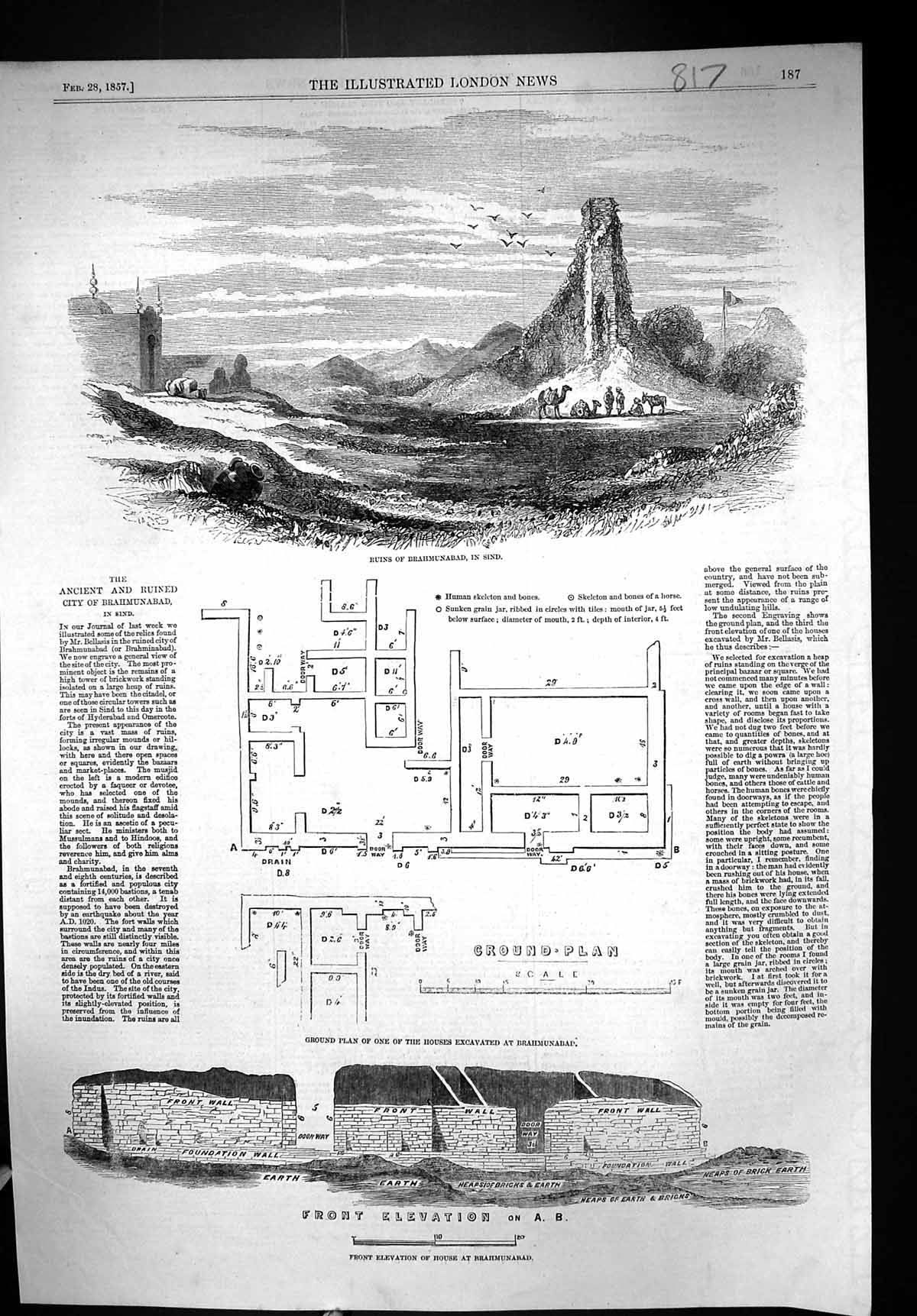 Old 1857 Ruins Brahmunabad Sind Plan Houses Excavated Front Elevation Victorian