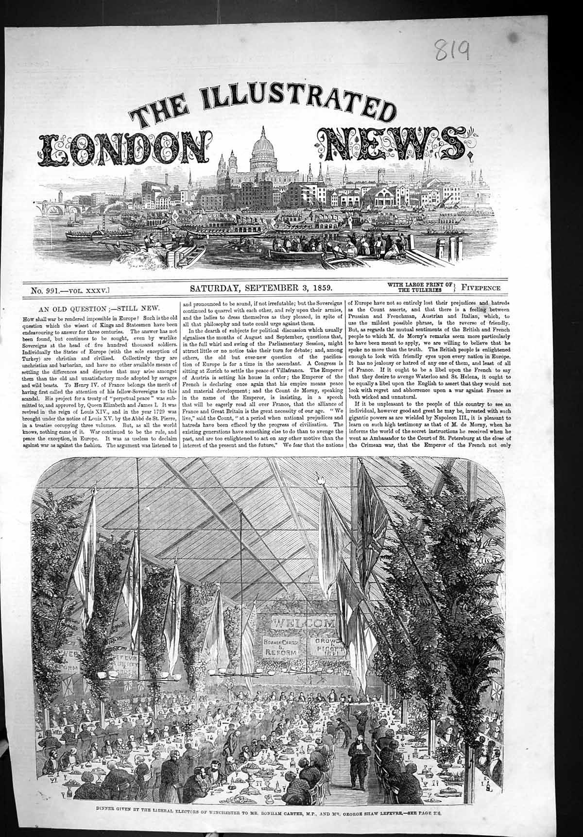 Old 1859 Dinner Liberal Electors Winchester Bonham Carter George Shaw Victorian