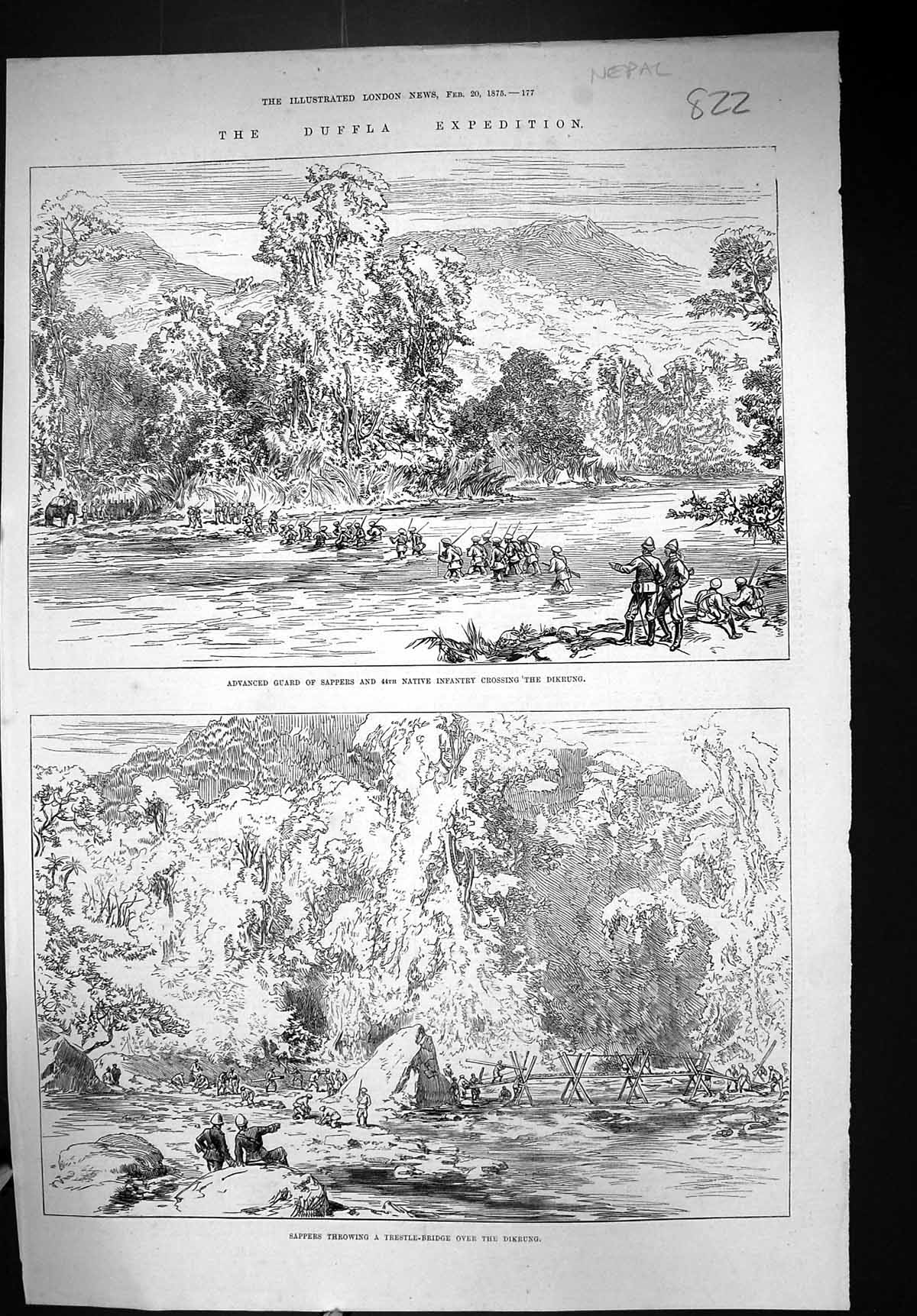 Old 1875 Duffla Nepal Advanced Guard Sappers Dikrung River Trestle Br Victorian