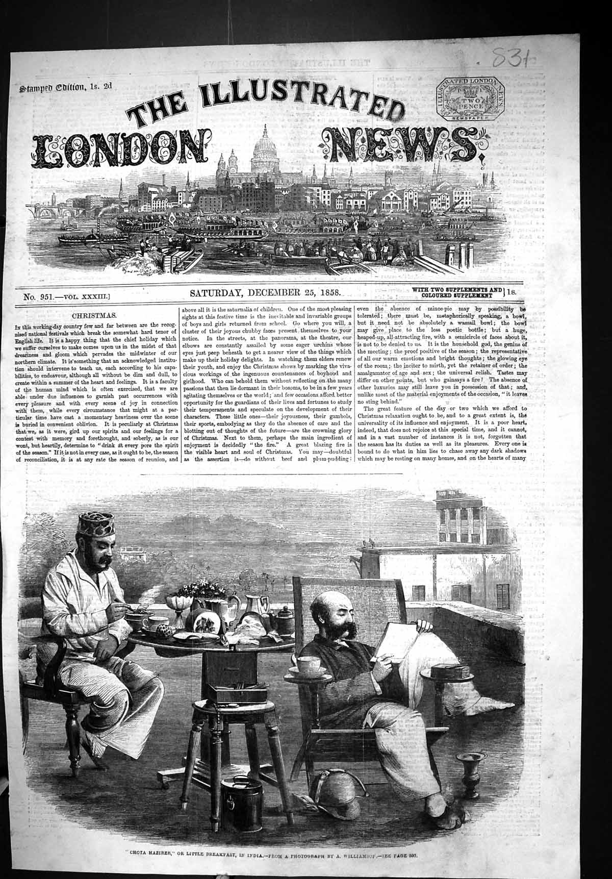 Original Old Antique Print 1858 Chota Haziree Little Breakfast India Men 19th