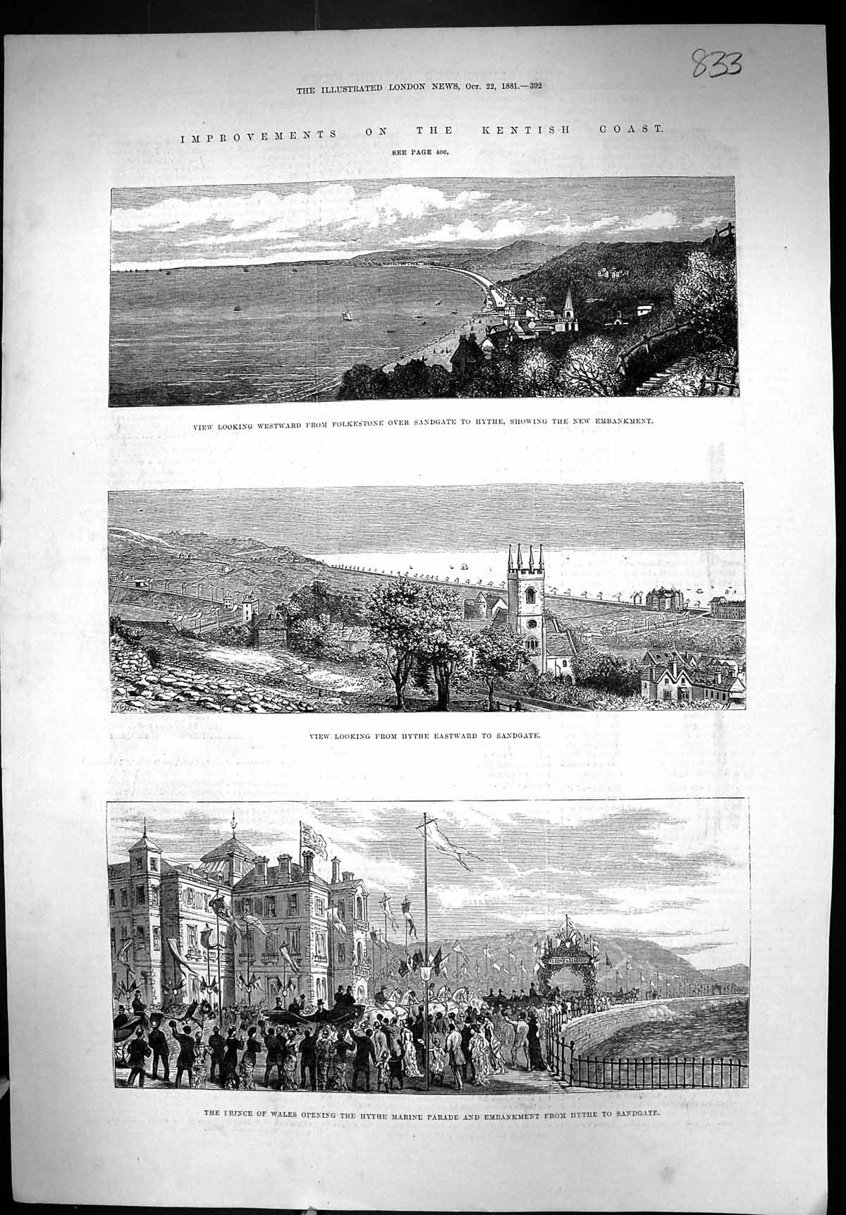 Old 1881 Kentish Coast Folkestone Sandgate Hythe Church Prince Wales Victorian
