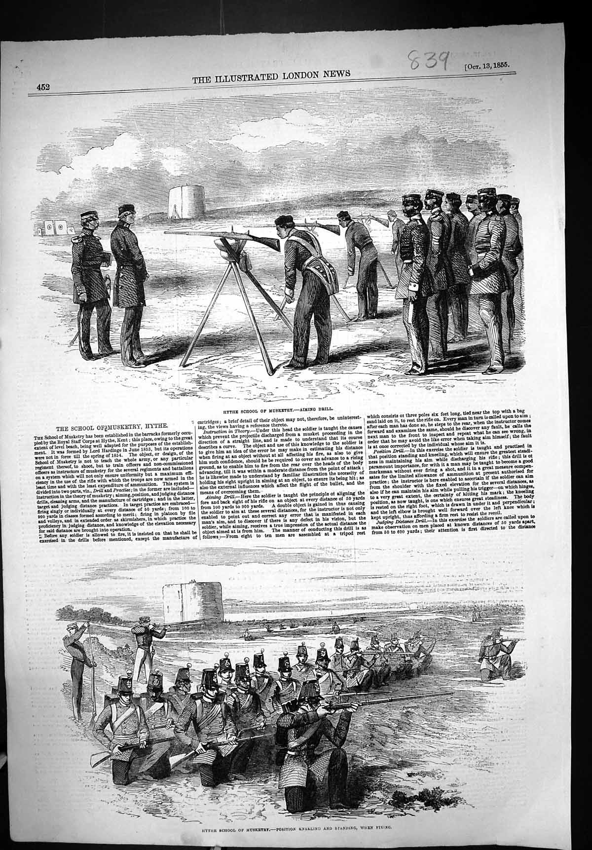 Old Print 1855 Hythe School Musketry Aiming Drill Position Kneeling Sier 19th