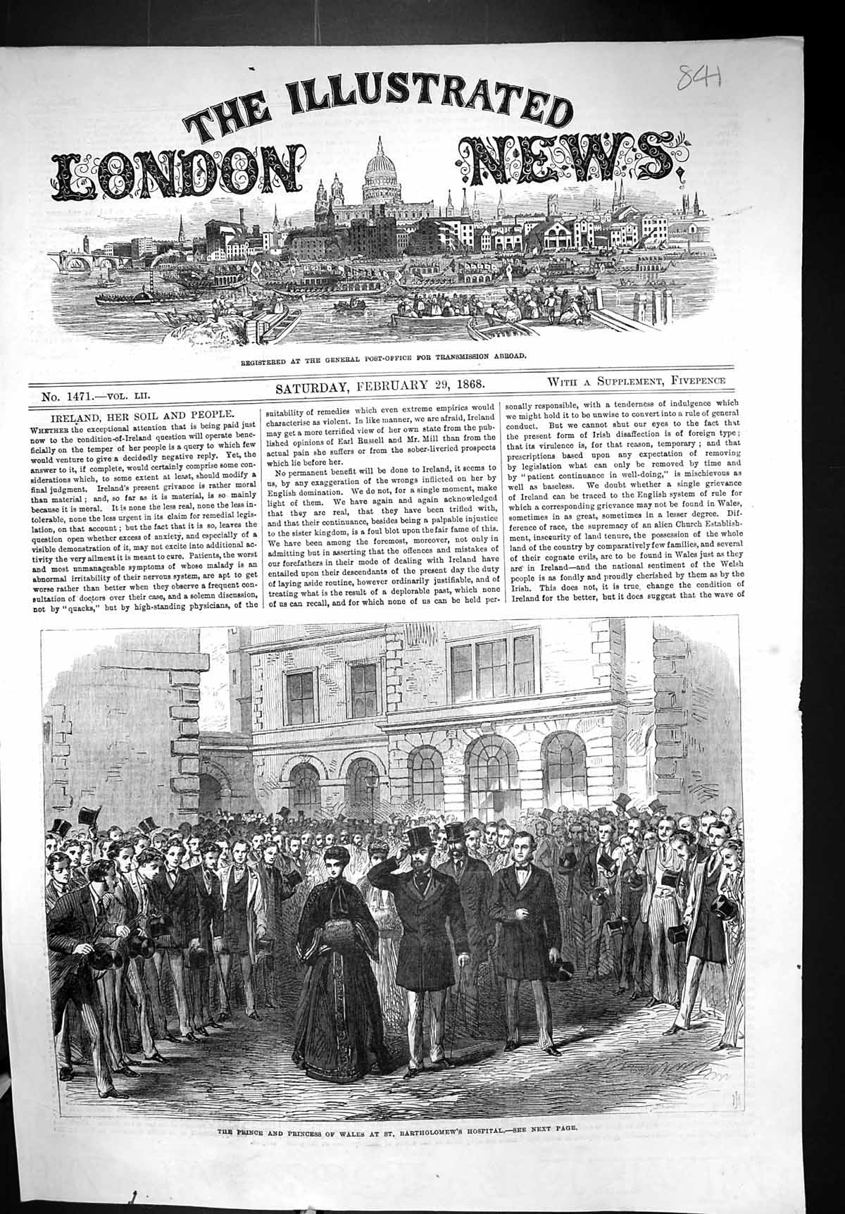 Old Antique Print 1868 Prince Princess Wales St. Bartholomew'S Hospital 19th