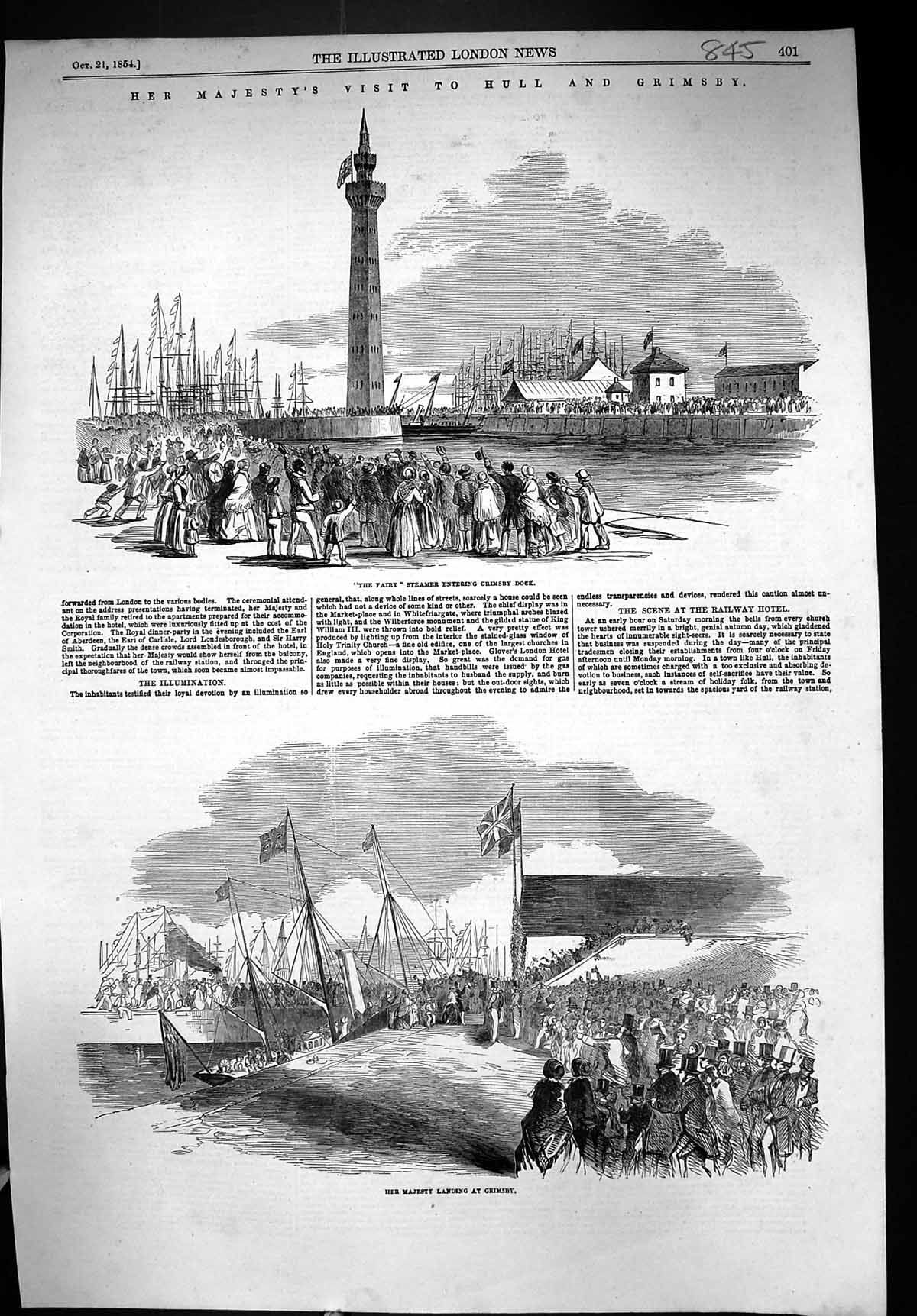 Old Antique Print 1854 Queen Hull Grimsby Fairy Steamer Ship Dock England 19th