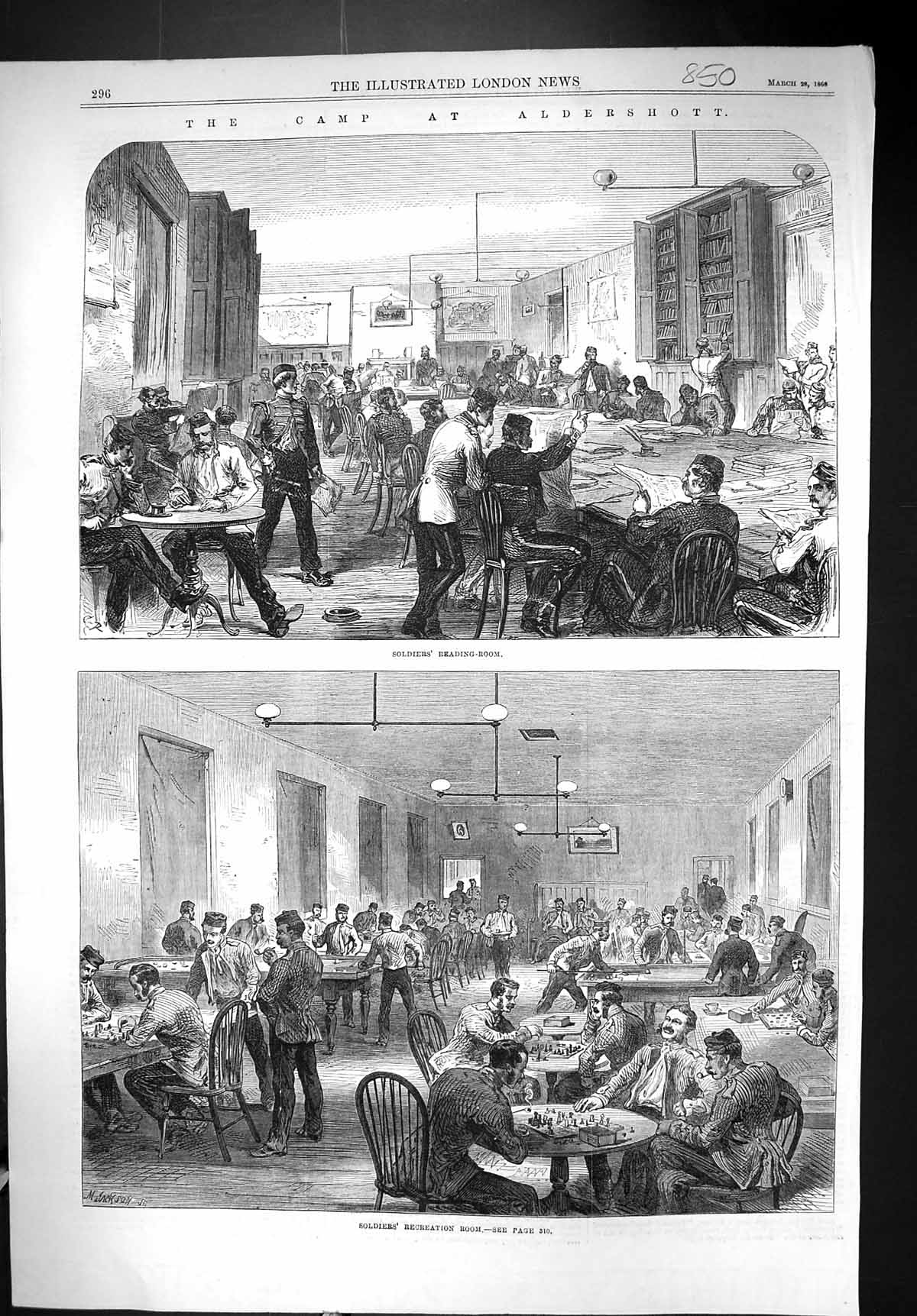 Original Old Antique Print 1868 Camp Aldershott Siers Reading Room Recreation