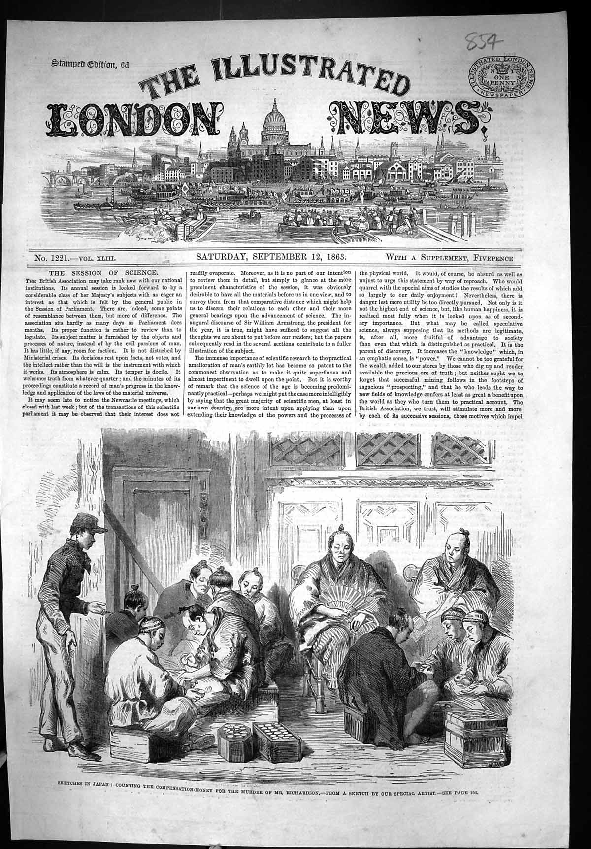 Old 1863 Japan Scene People Counting Compensation Money Murder Richar Victorian