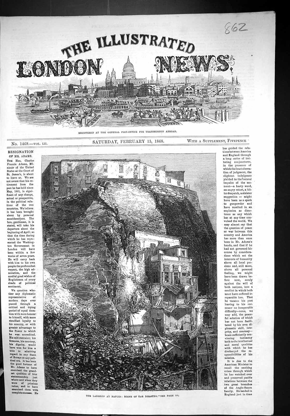 Antique Old Print 1868 Landslip Naples Italy Scene Disaster Houses Destroyed