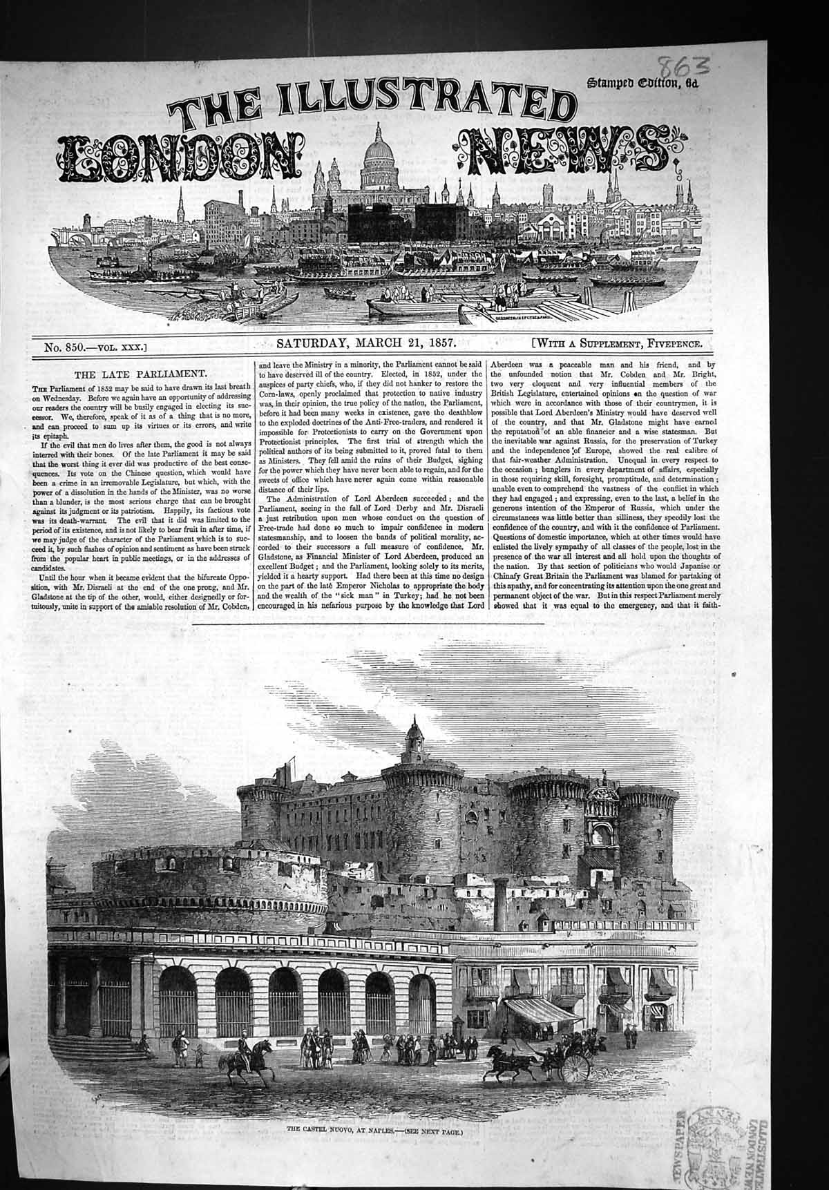 Antique Old Print 1857 Architecture Castle Nuovo Naples Italy Horses Coach 19th
